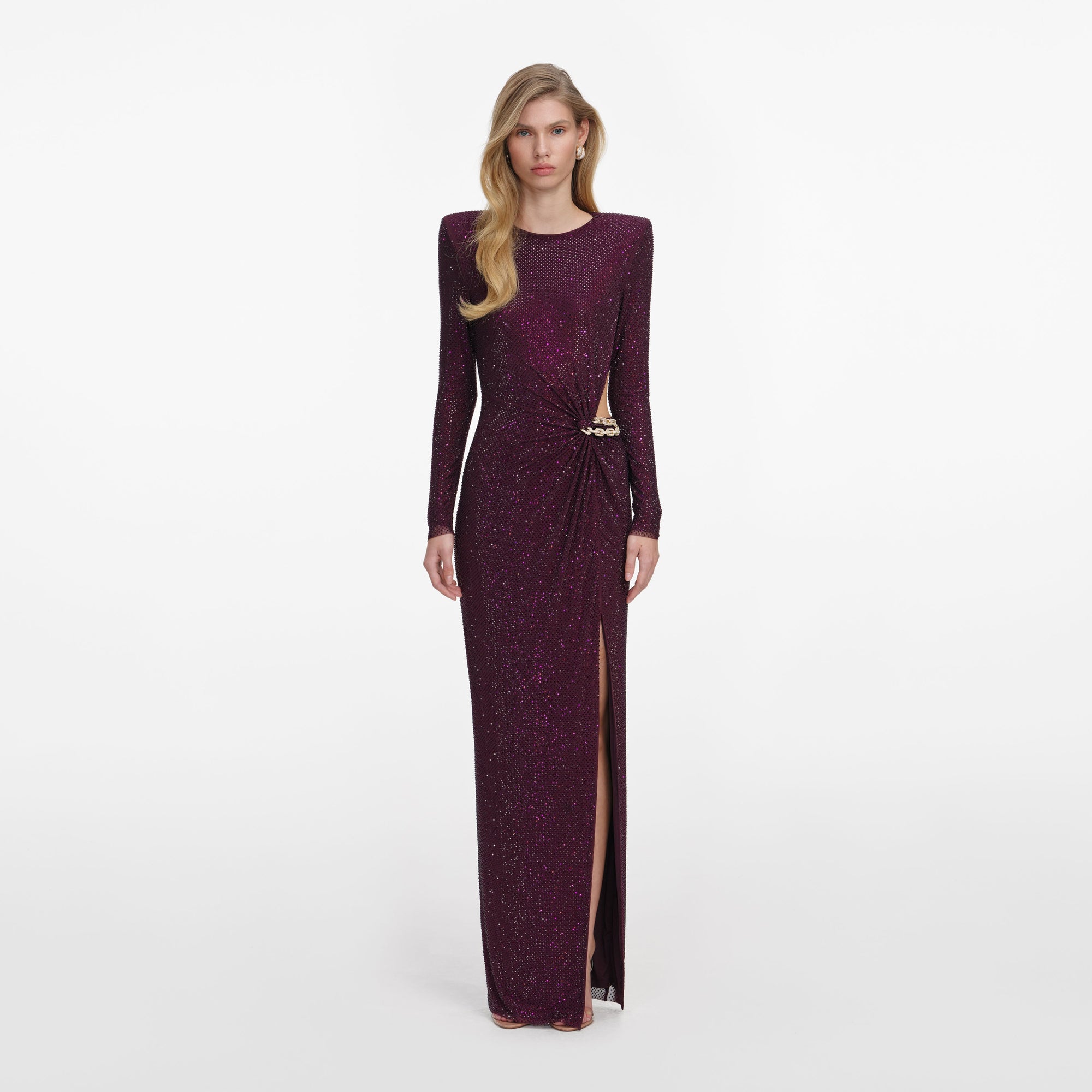 Front view of a woman wearing the Burgundy Rhinestone Embellished Maxi Dress