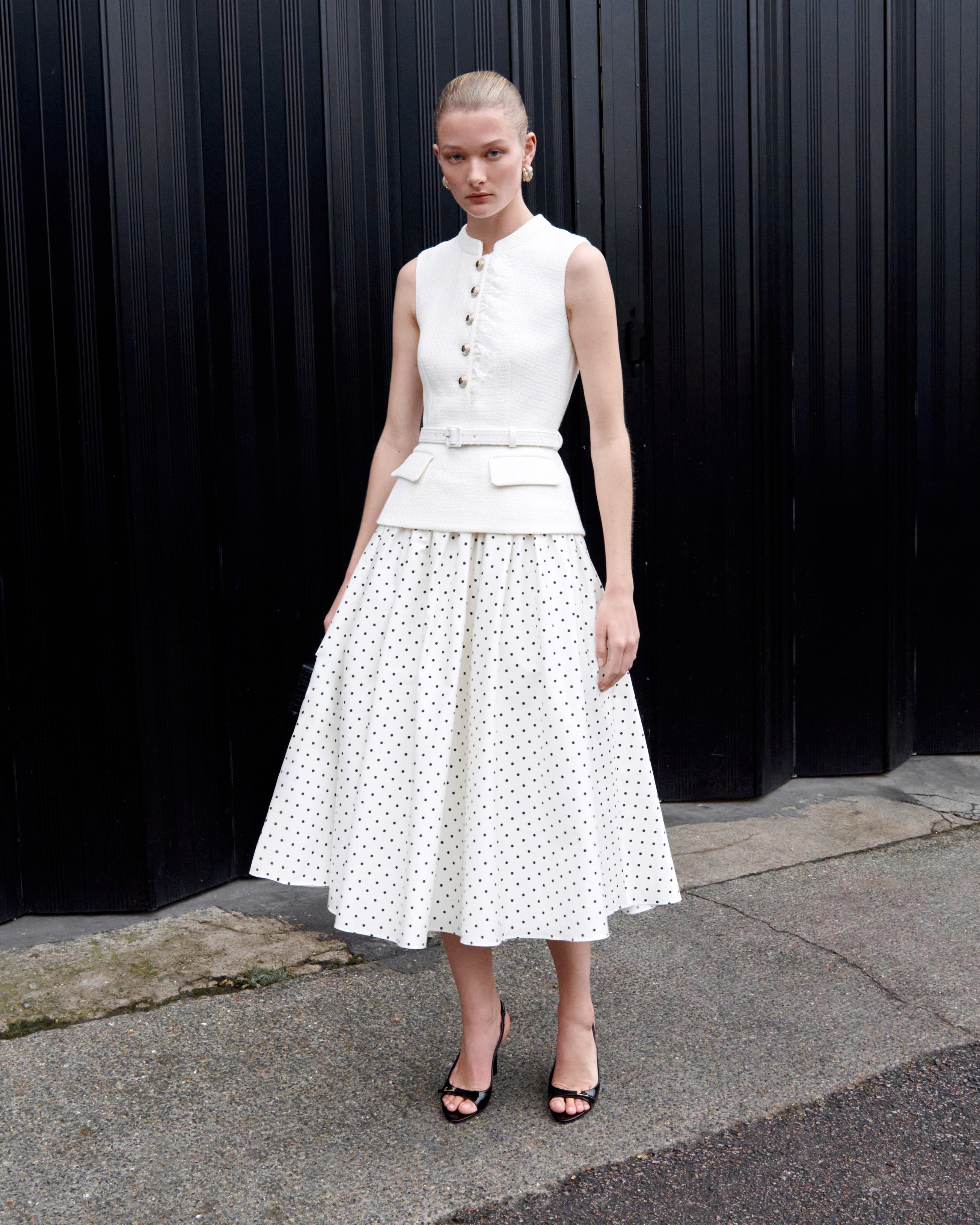 Cream Boucle Polka Dot Midi Dress