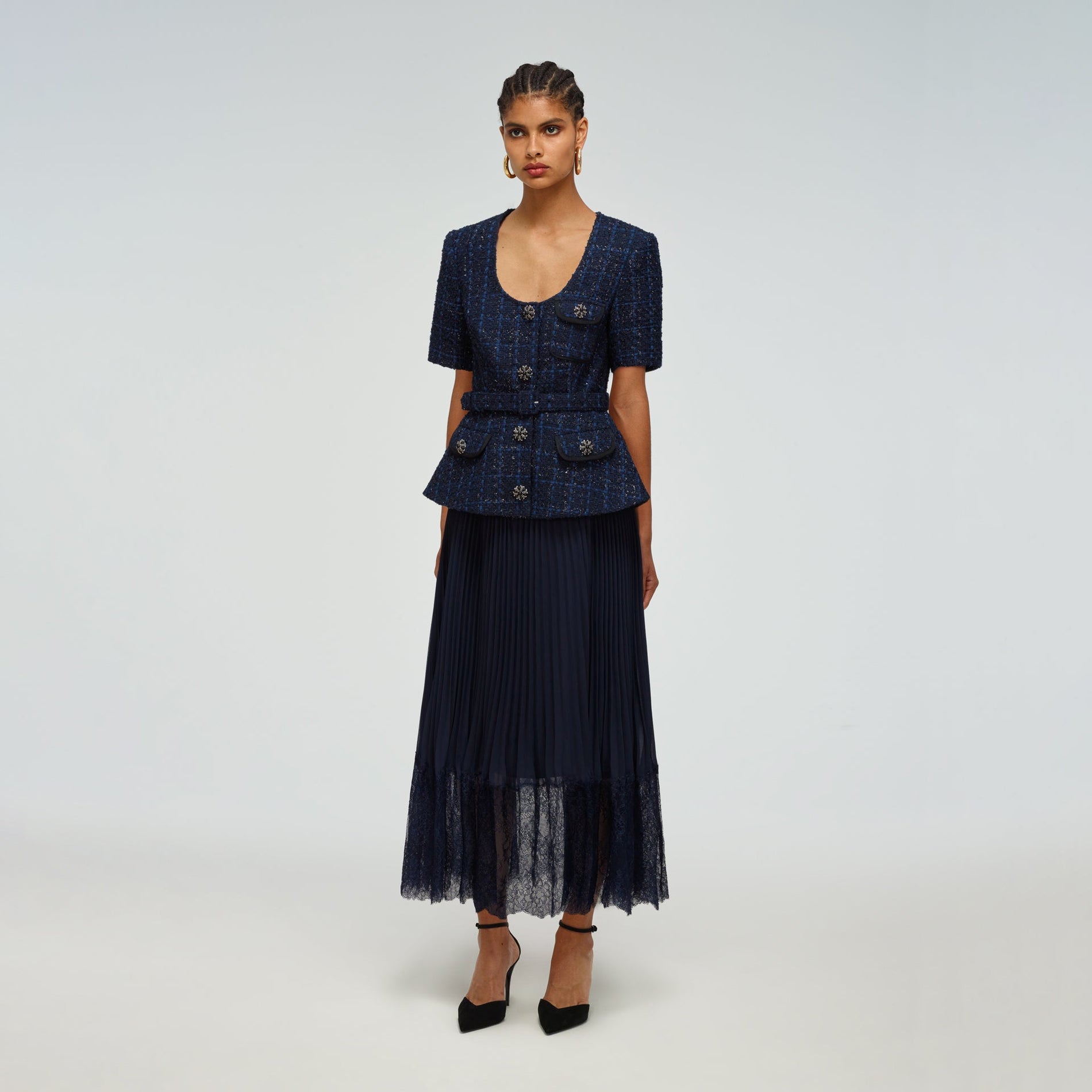 A woman wearing the Navy Metallic Bouclé Tailored Midi Dress