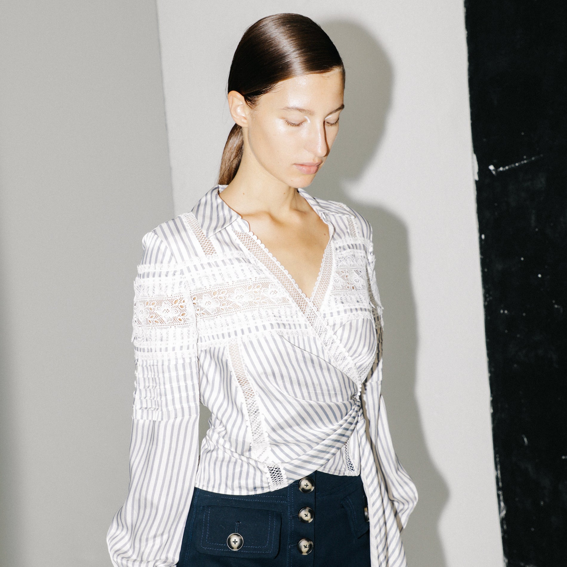 A close up of the fabric for the Blue Striped Wrap Top