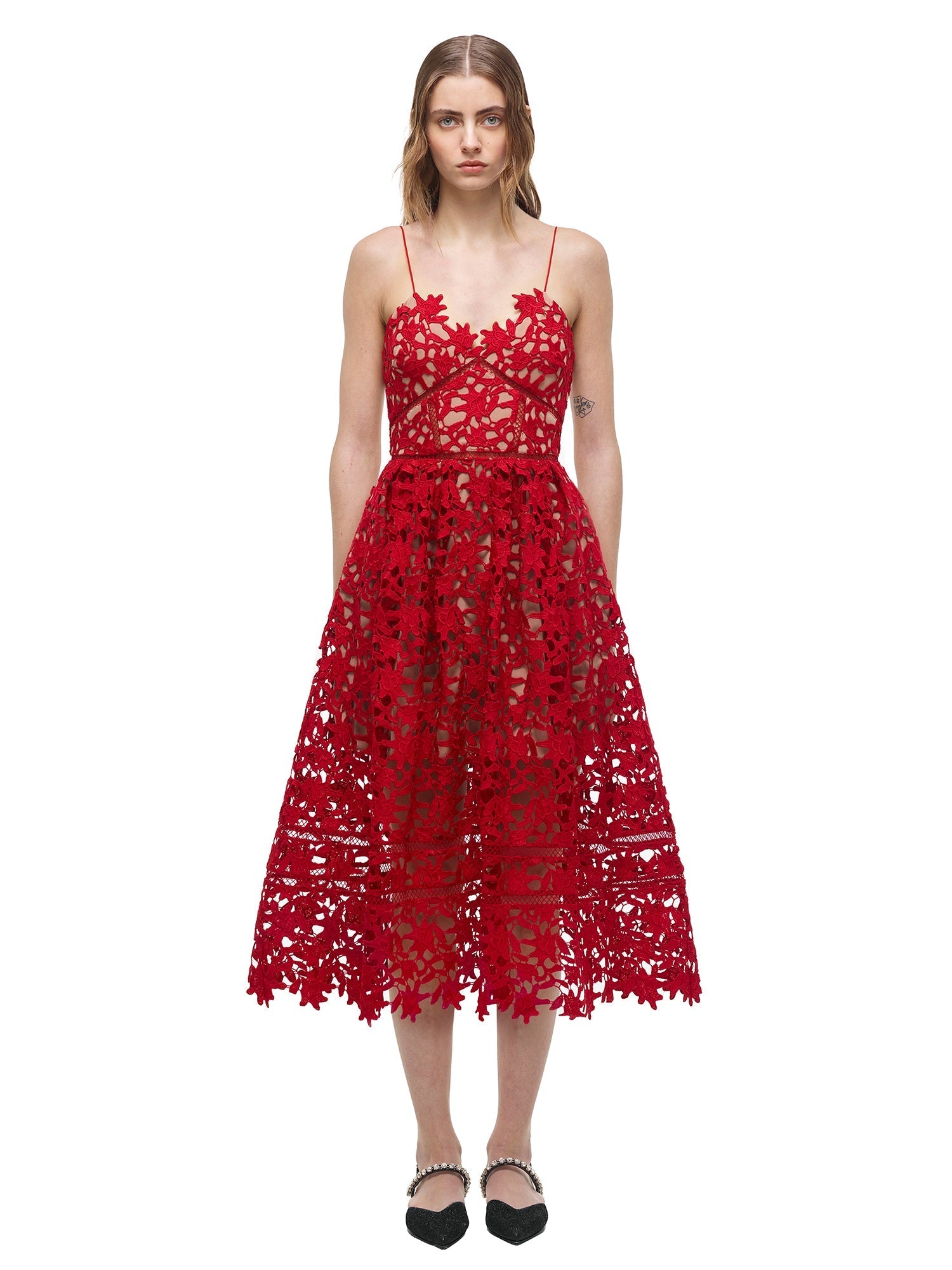 Red Azaelea Lace Midi Dress