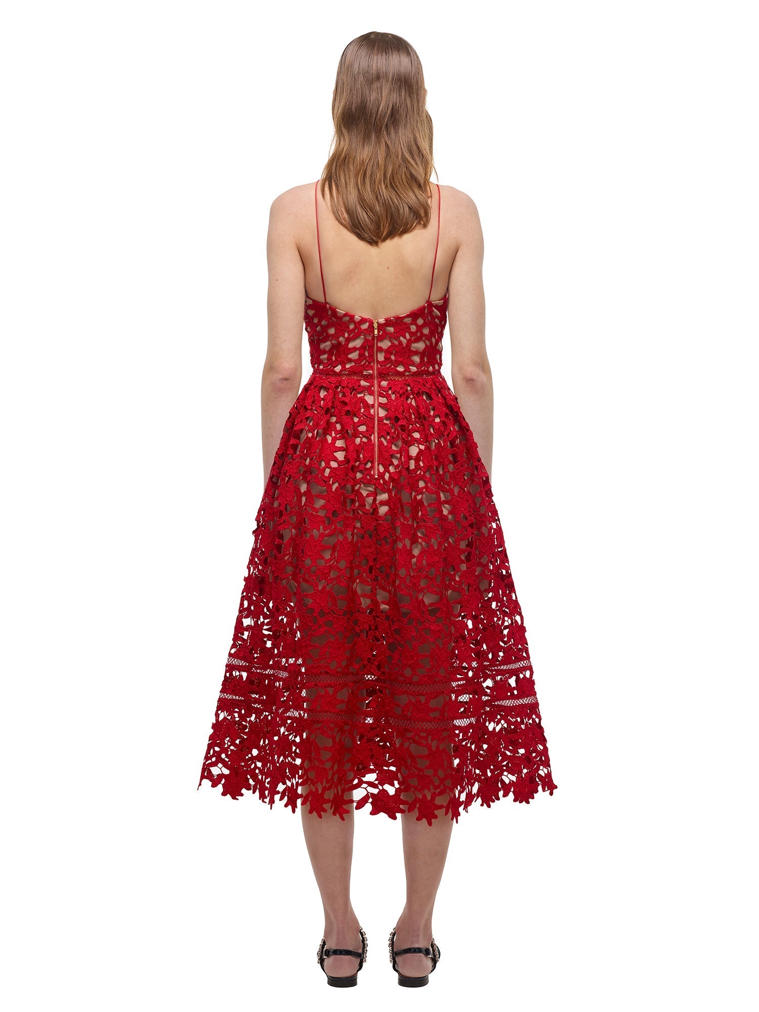 Red Azaelea Lace Midi Dress