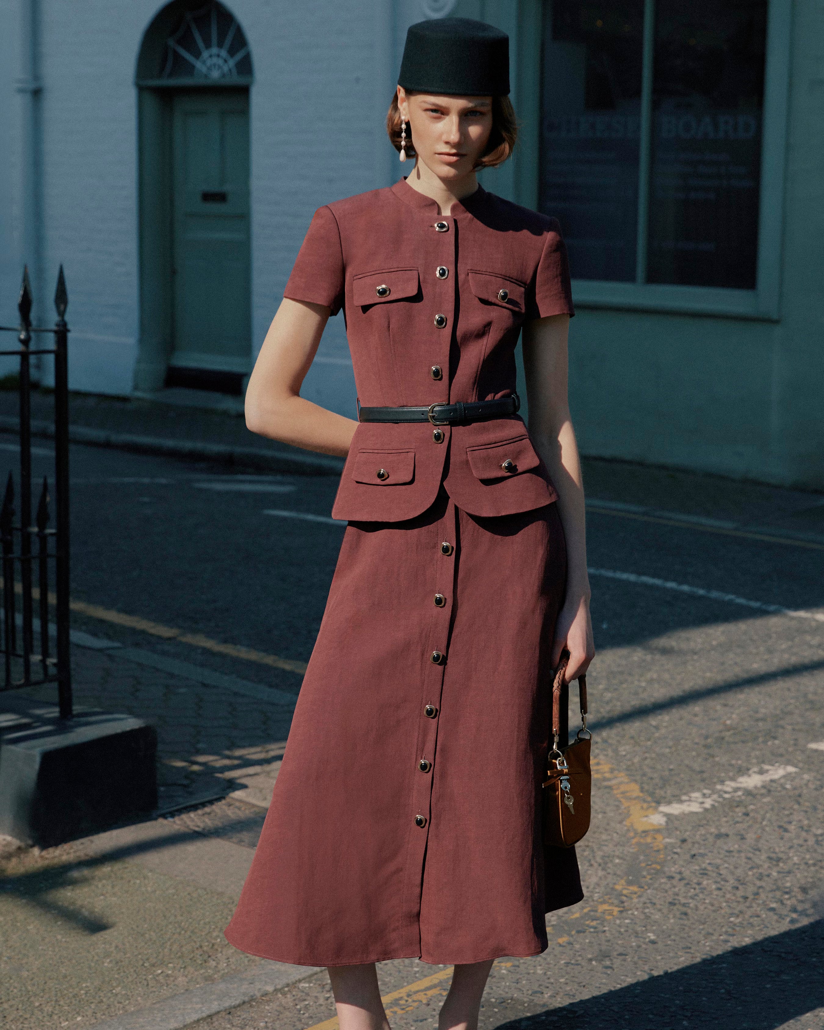 Brown Peplum Linen Blend Midi Dress