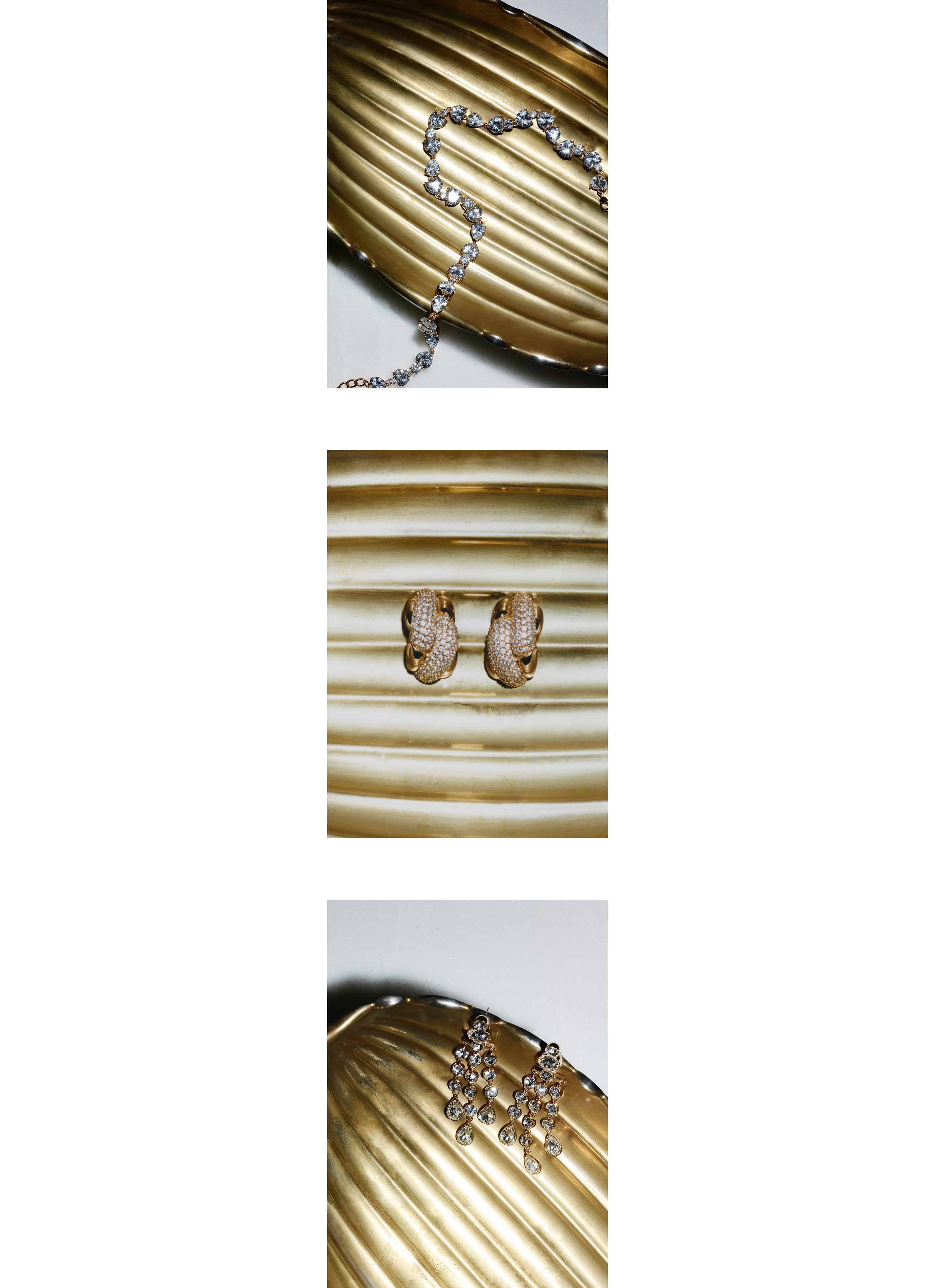 Collage of diamond necklace and earrings on a gold chain with a white background.