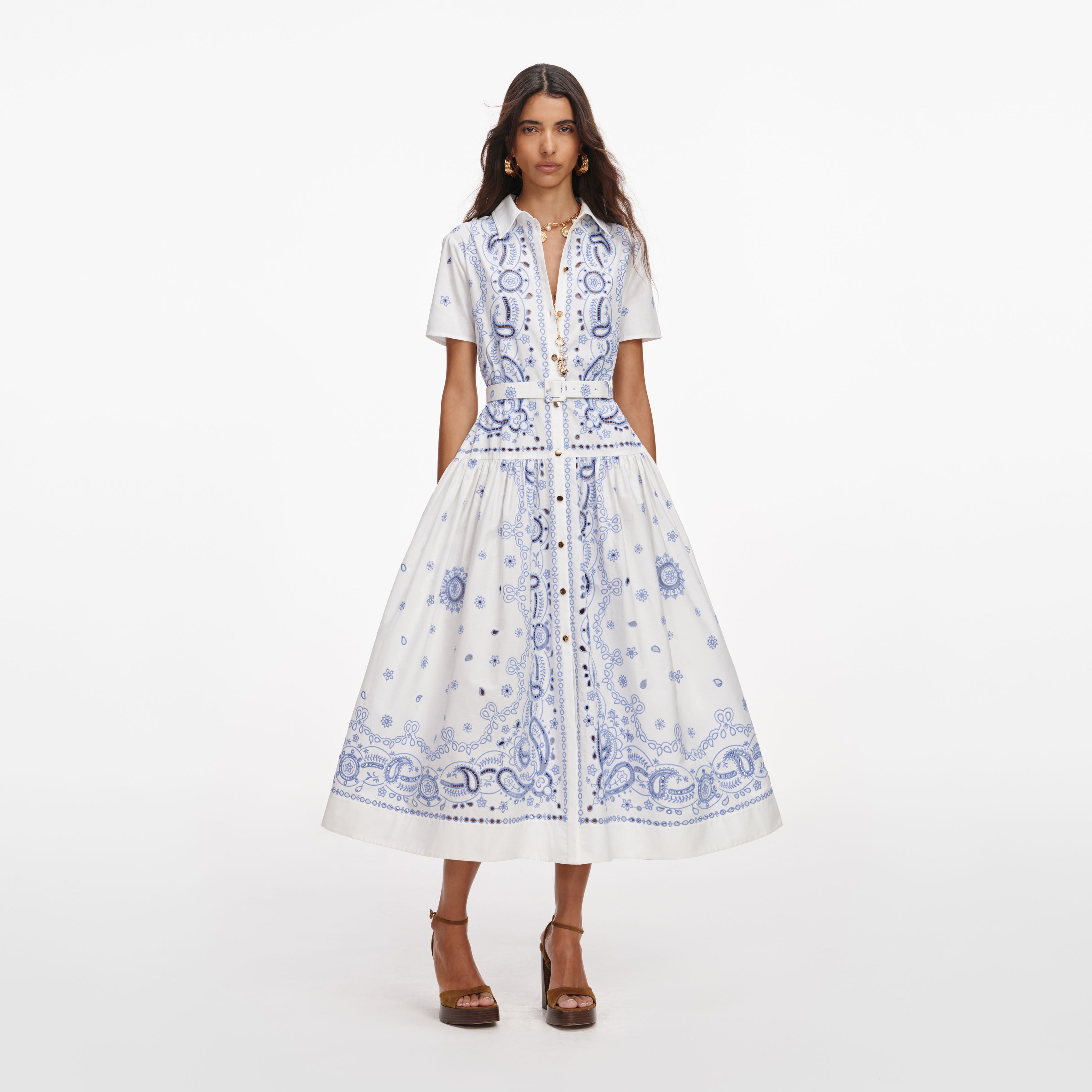 White And Blue Embroidered Midi Dress