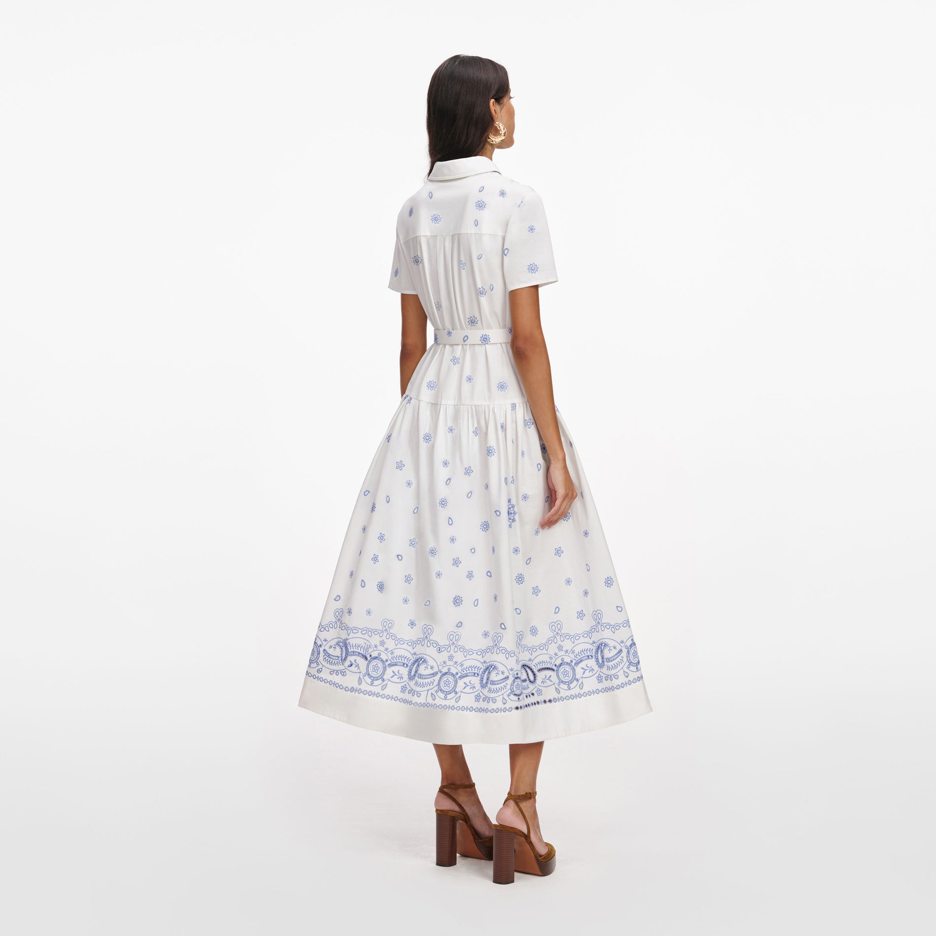 White And Blue Embroidered Midi Dress
