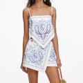 White And Blue Embroidered Linen Skort