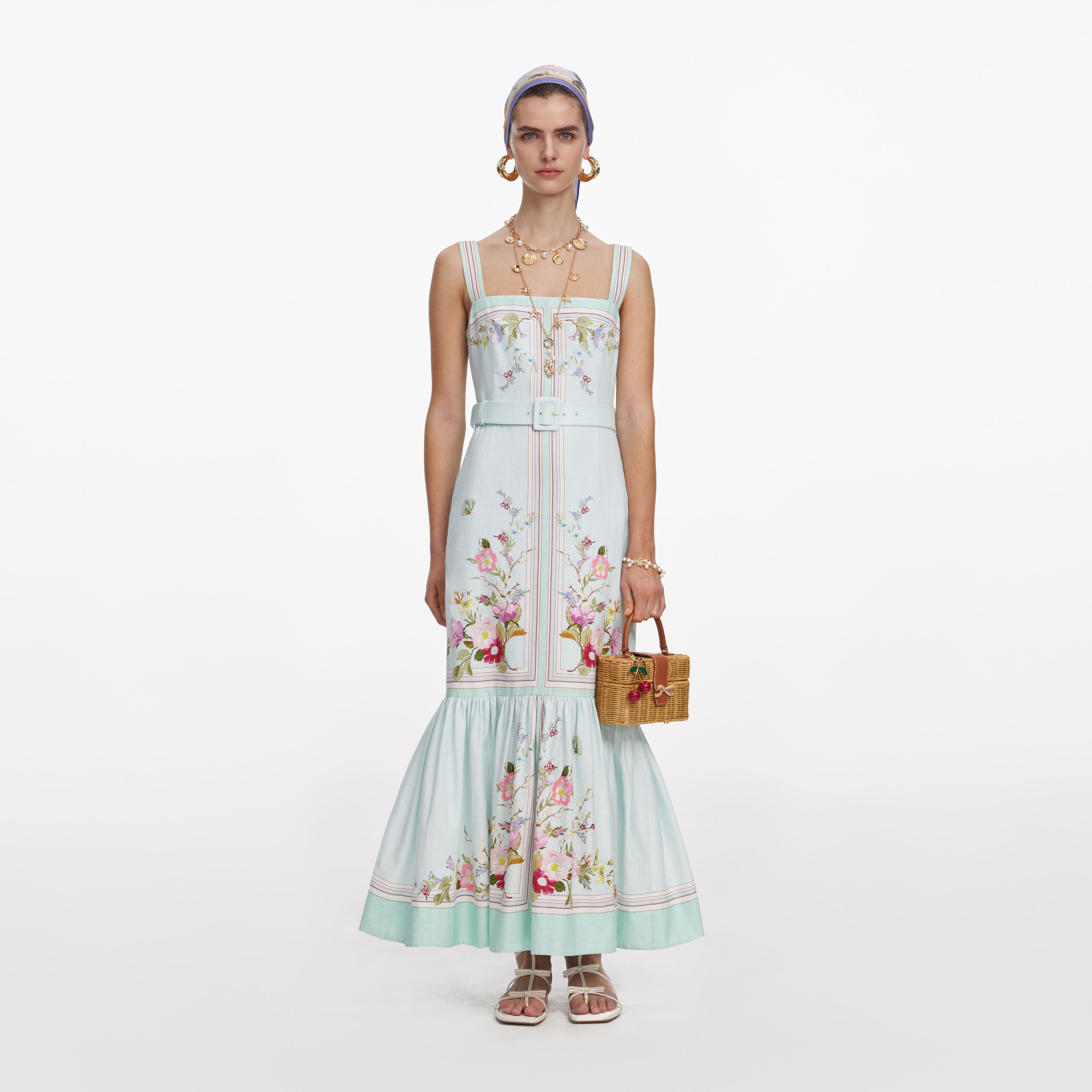 Mint Floral Linen Midi Dress