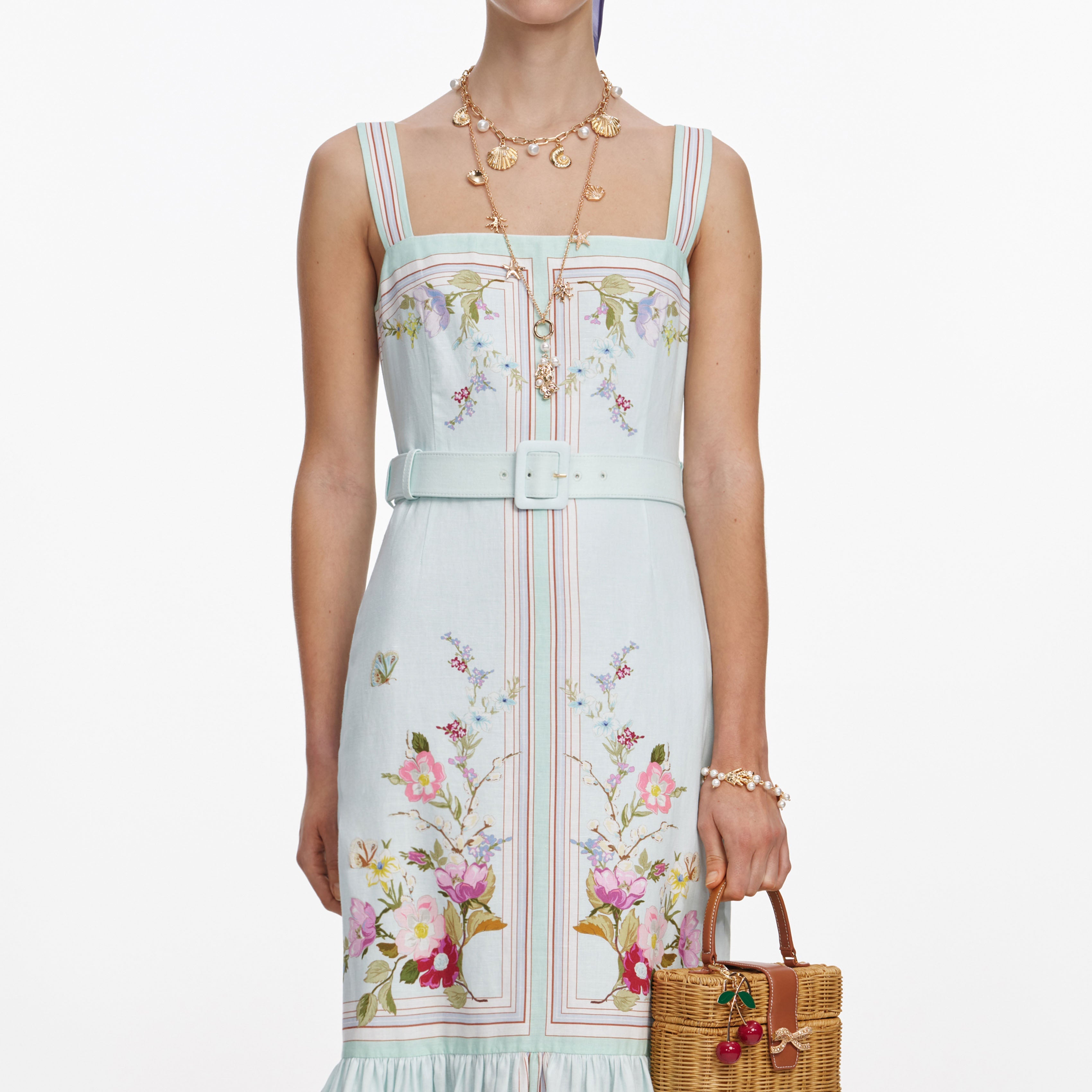 Mint Floral Linen Midi Dress