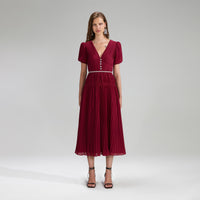 Burgundy Chiffon Pleated Midi Dress