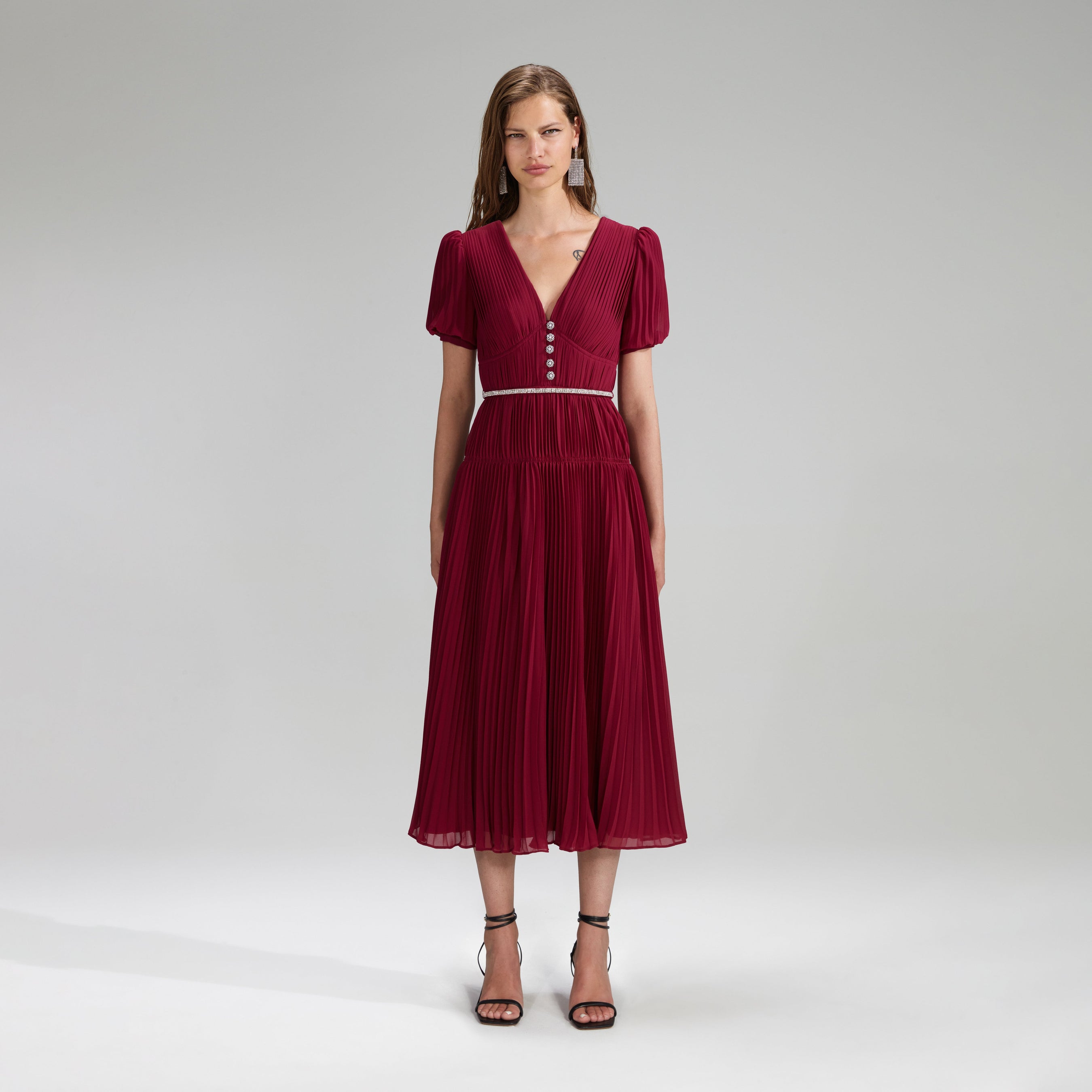 Burgundy Chiffon Pleated Midi Dress