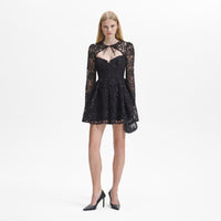 Black Lace Tie-Neck Mini Dress