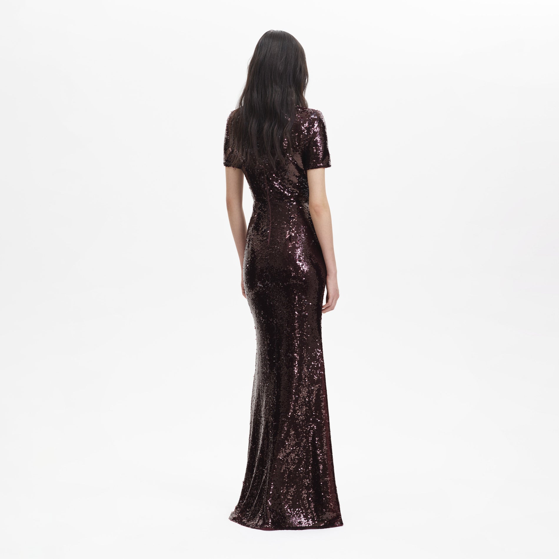 Back view of a woman wearing the Brown Sequin Maxi Dress