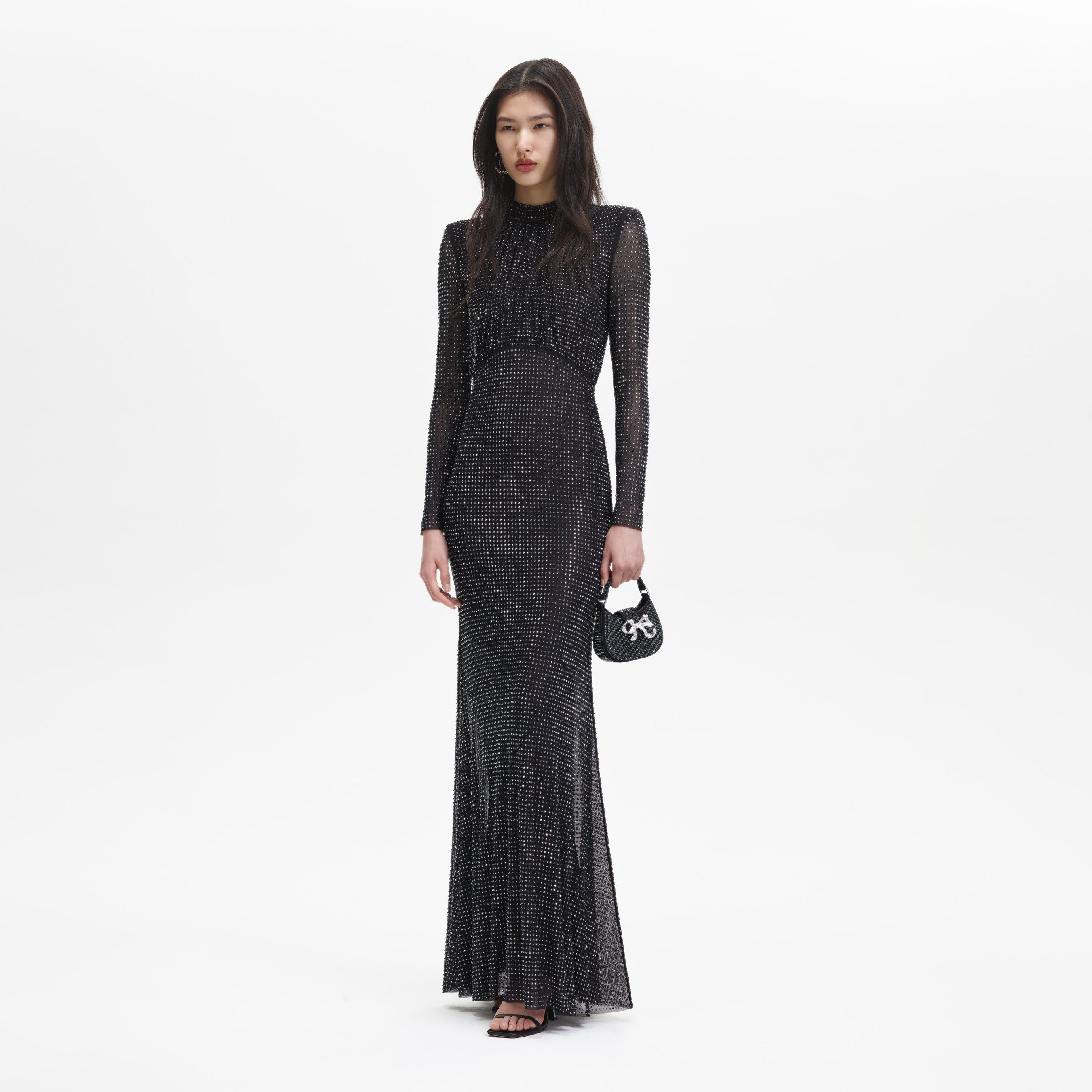 Black Rhinestone Mesh Long Sleeve Maxi Dress