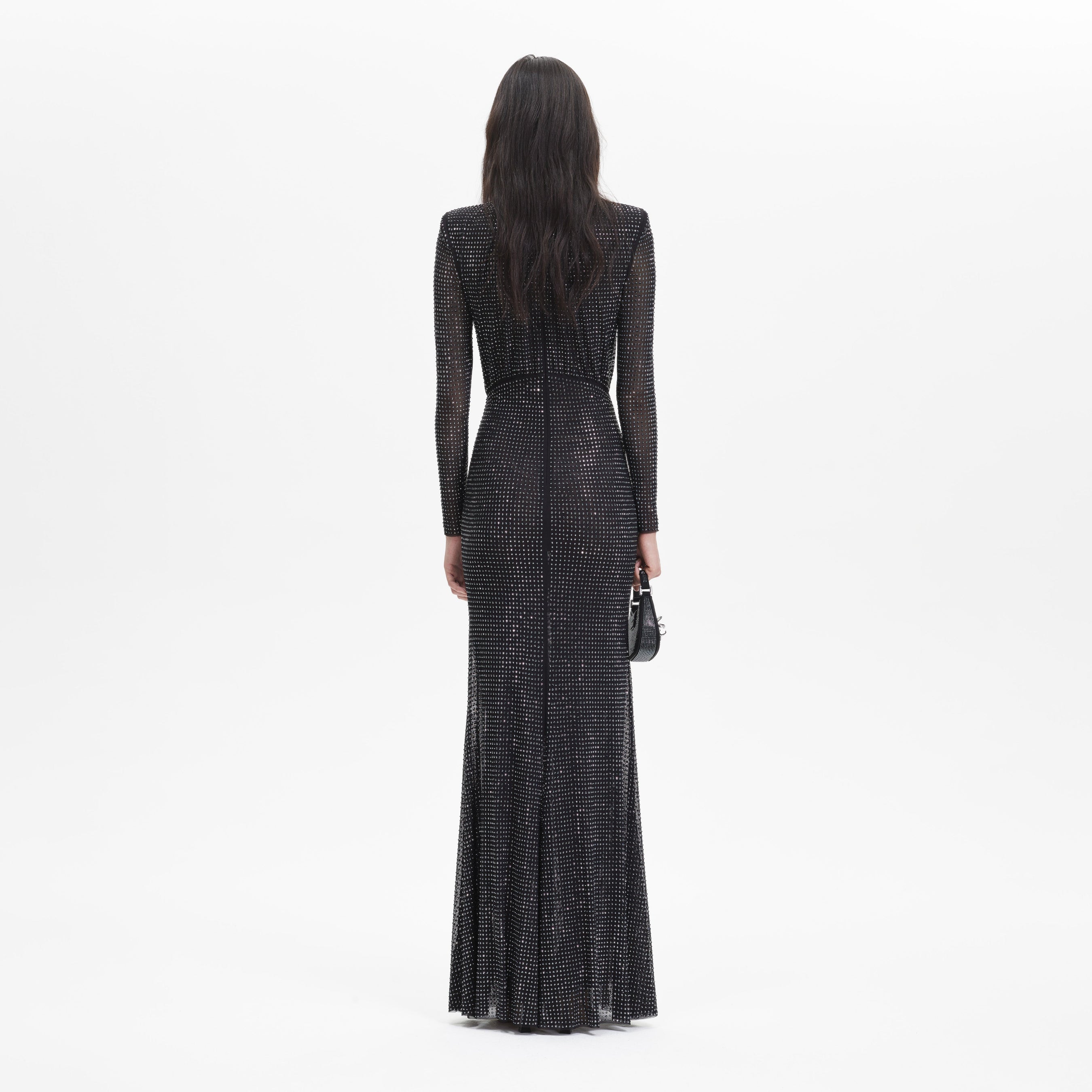 Black Rhinestone Mesh Long Sleeve Maxi Dress