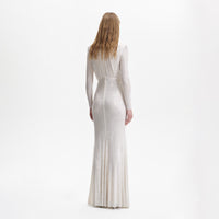 Cream Rhinestone Mesh Long Sleeve Maxi Dress