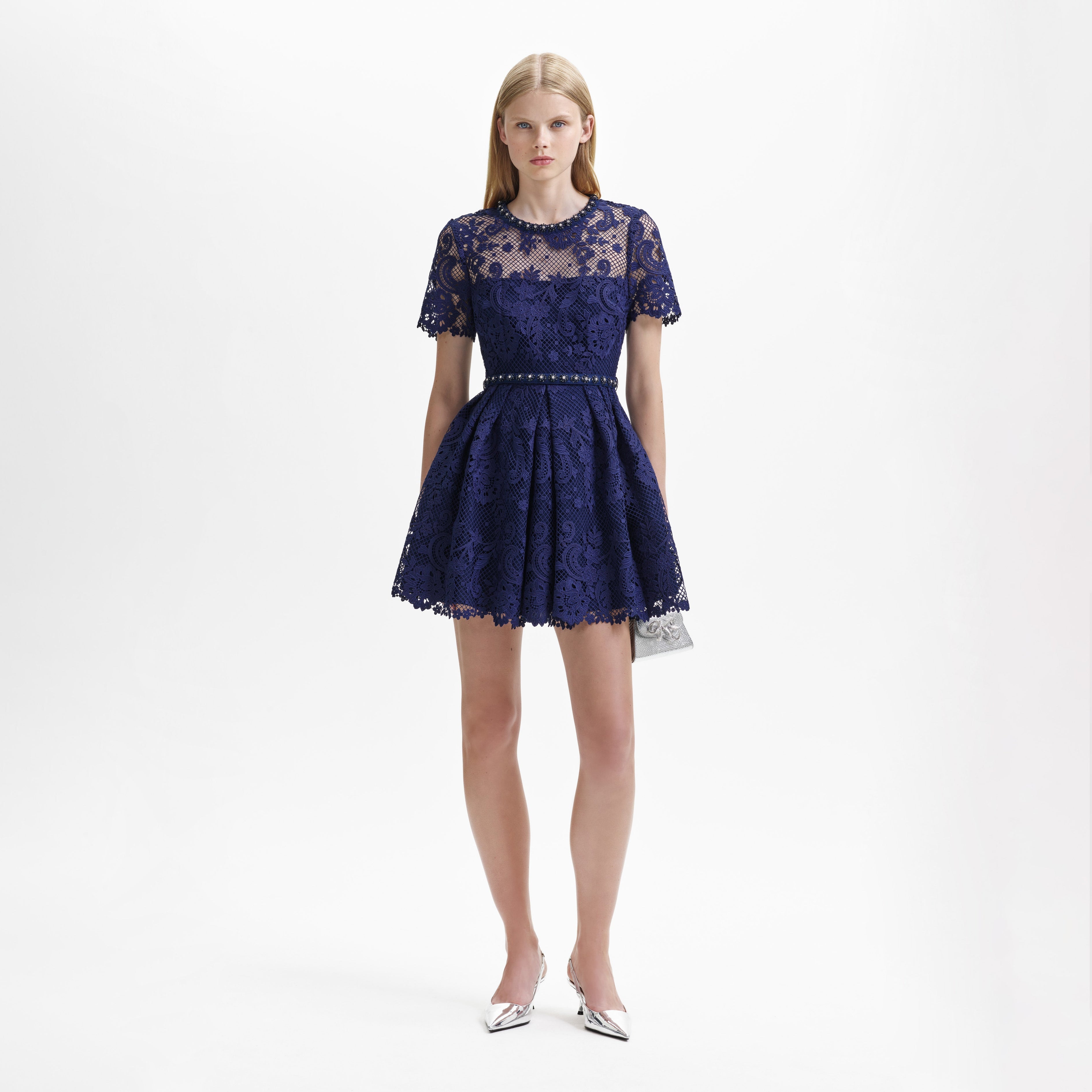 Navy Lace Embellished Mini Dress