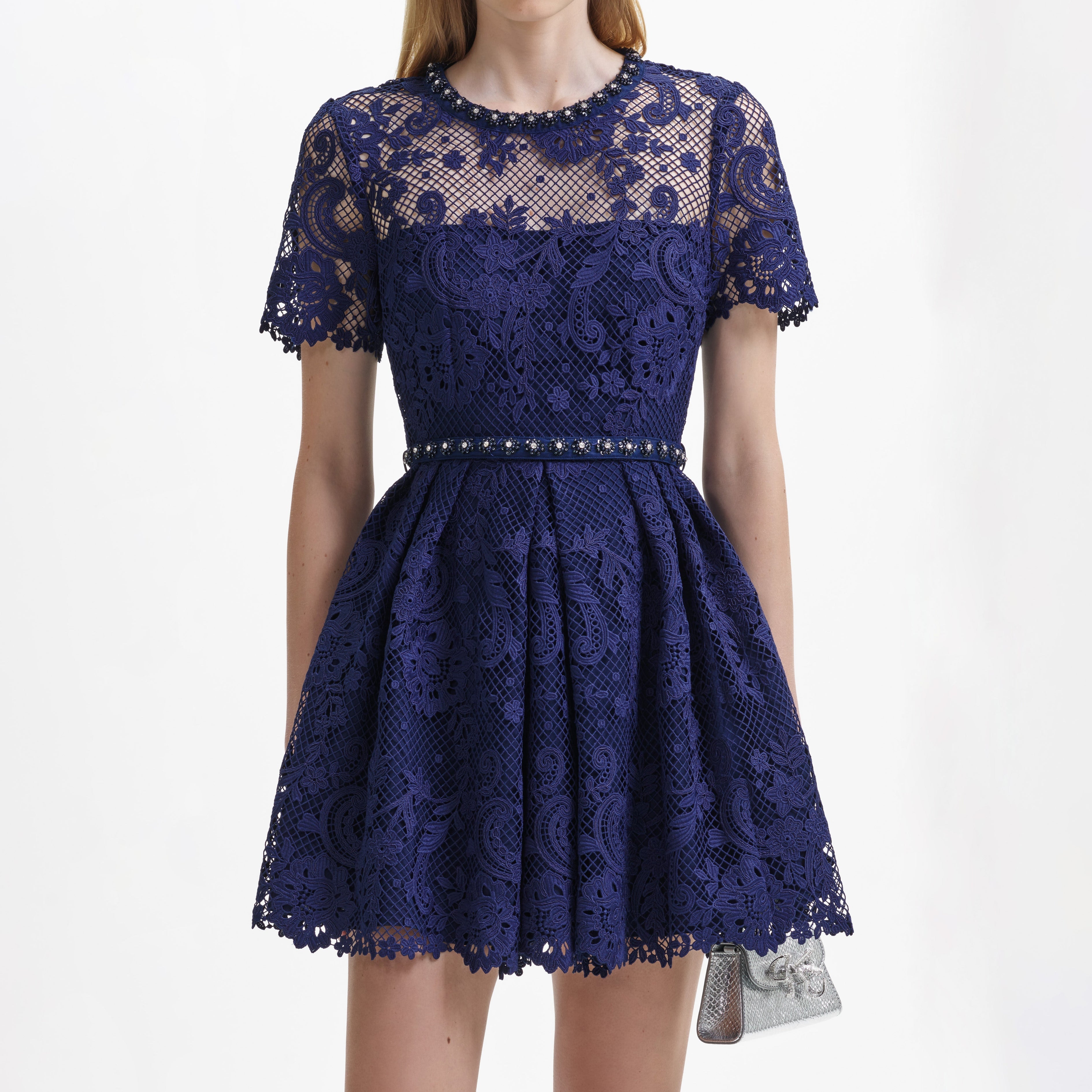 Navy Lace Embellished Mini Dress