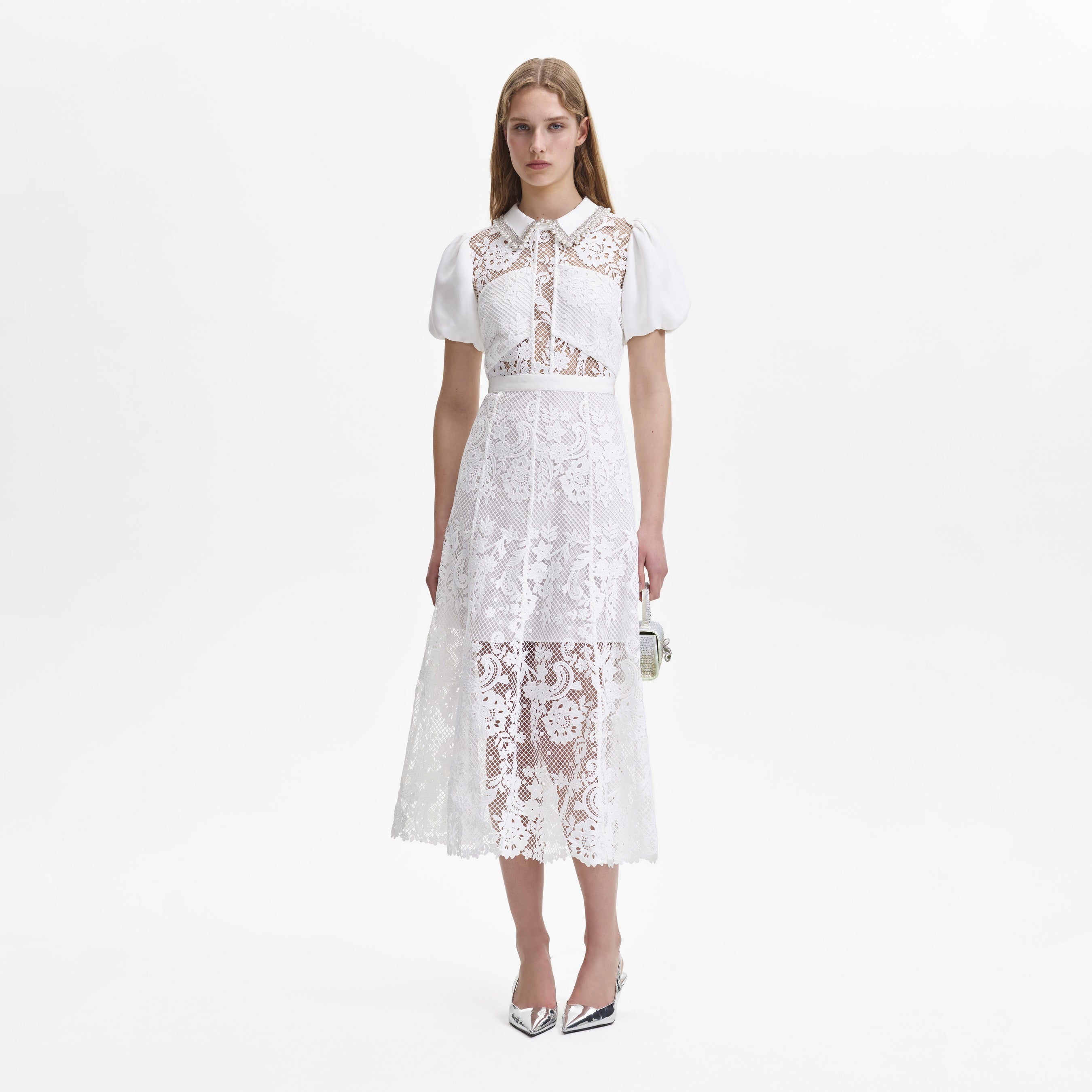 White Lace Diamante Collar Midi Dress