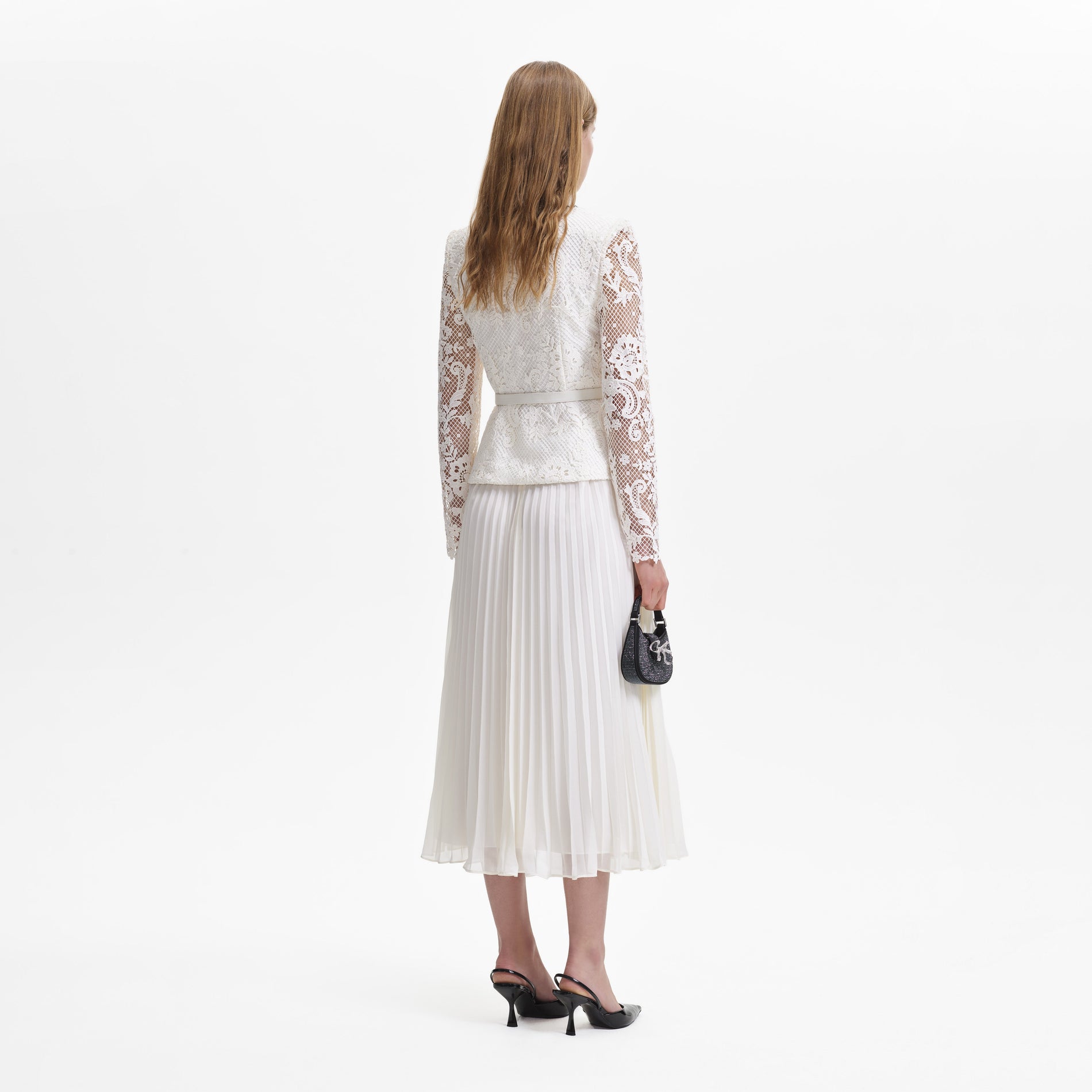 A woman wearing the Cream Lace Chiffon Midi Dress