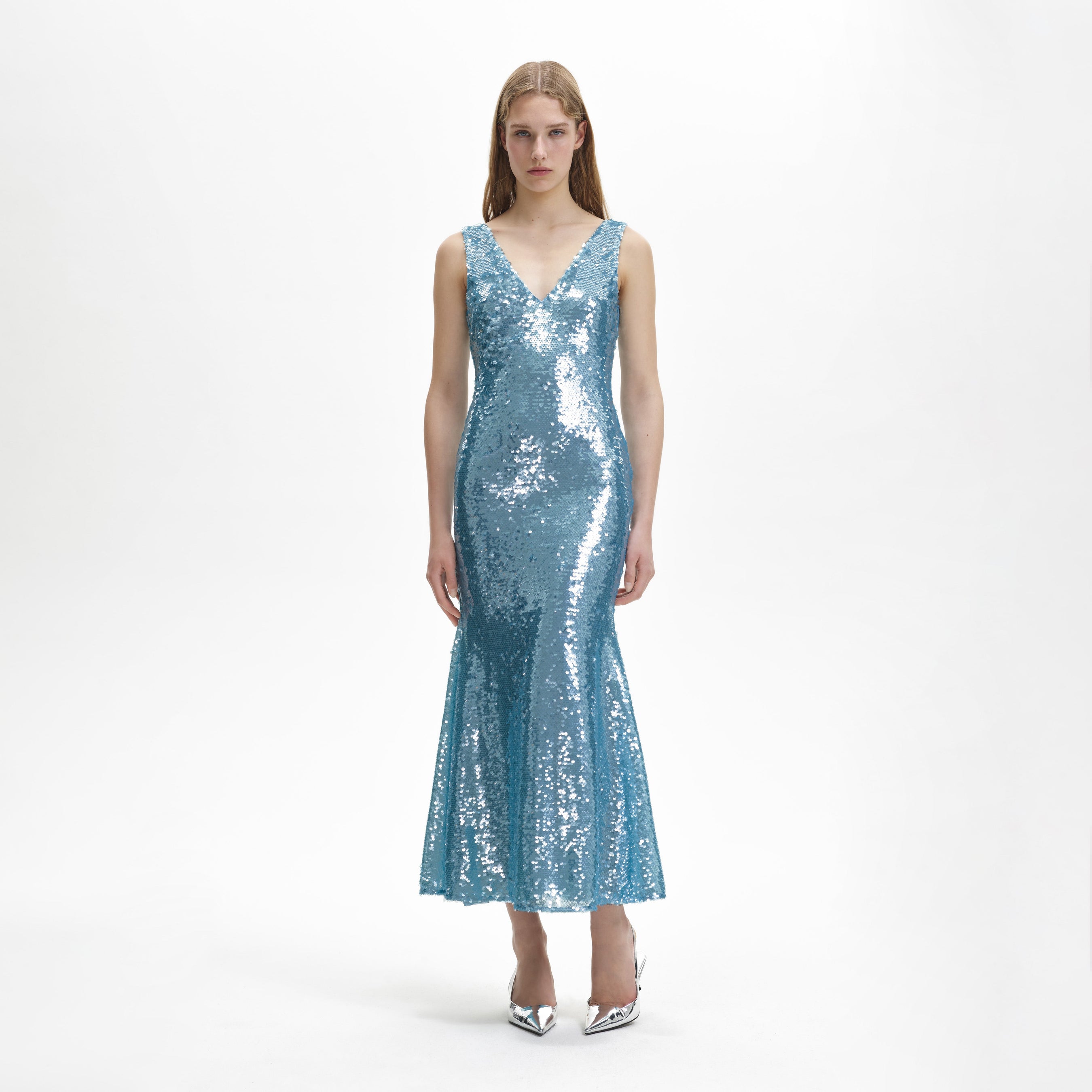 Blue Sequin V Neck Maxi Dress