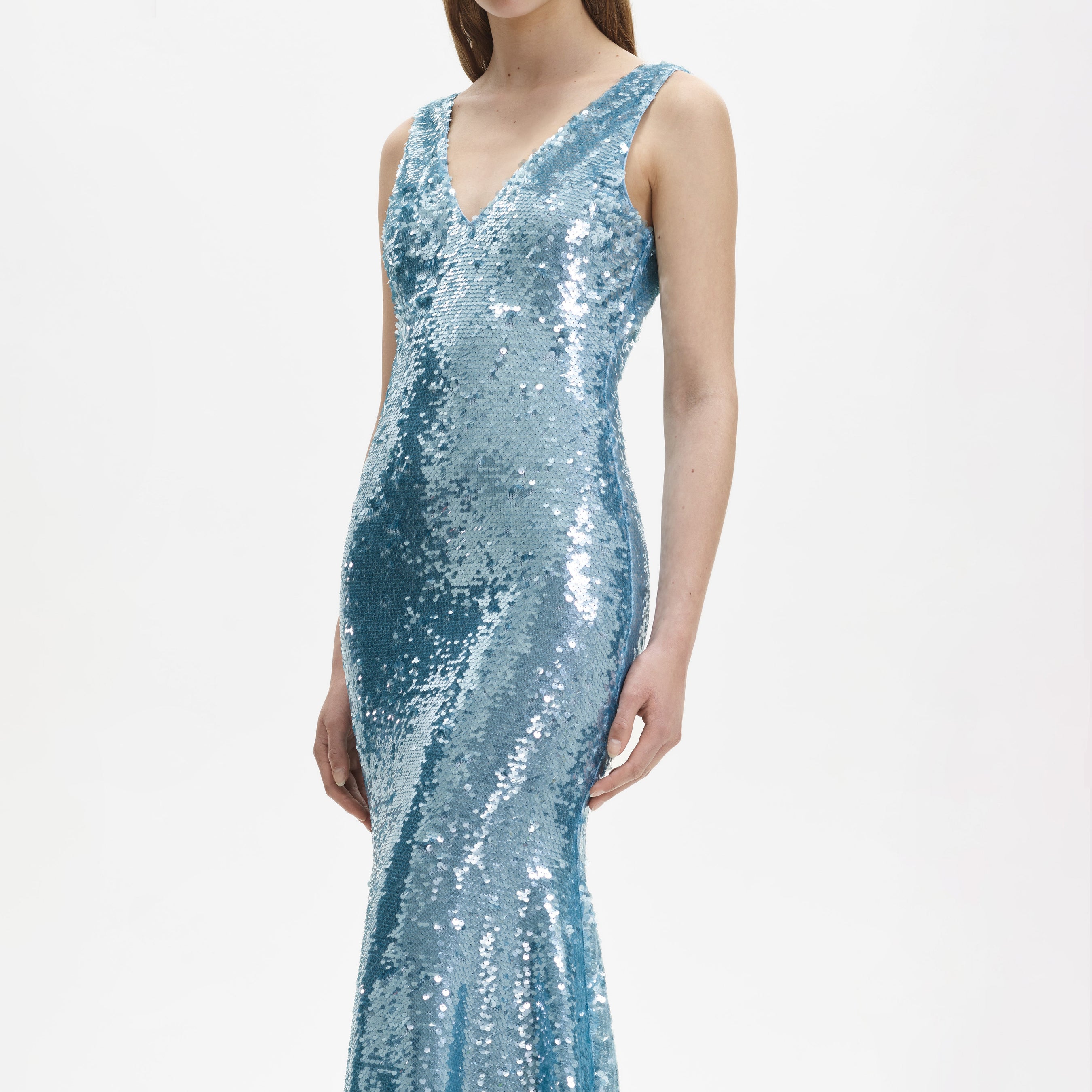 Blue Sequin V Neck Maxi Dress