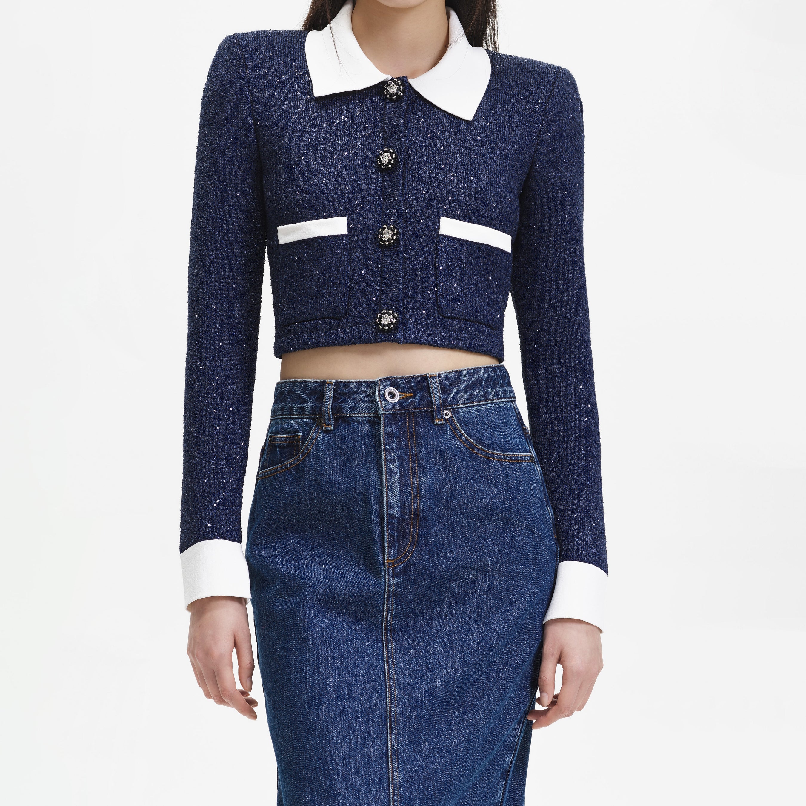 Navy Contrast Collar Cardigan