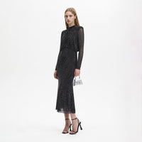 Black Rhinestone Mesh Long Sleeve Midi Dress