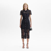 Black Lace Button Front Midi Dress