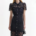 Black Lace Button Front Midi Dress