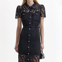 Black Lace Button Front Midi Dress