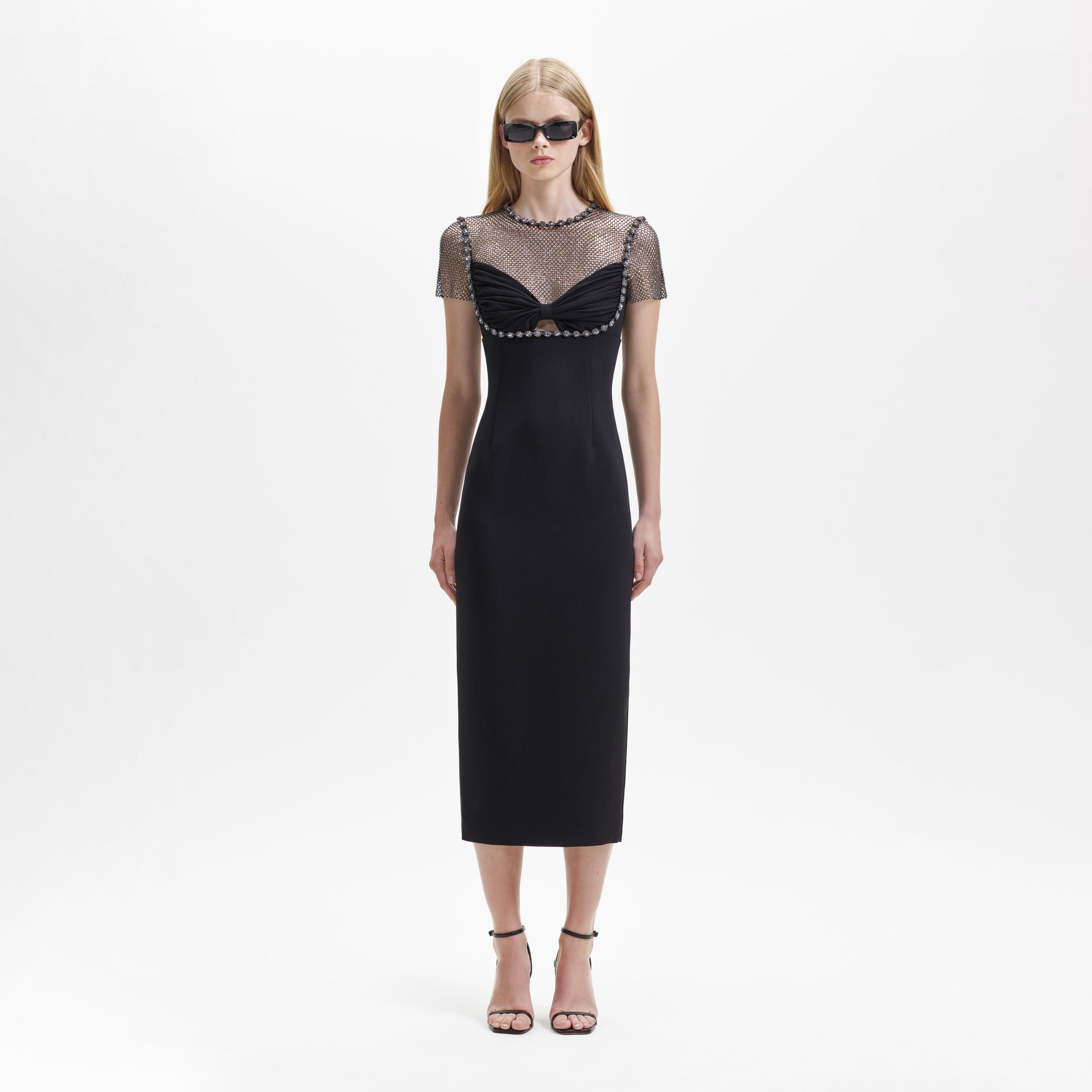 Black Crepe Diamante Midi Dress