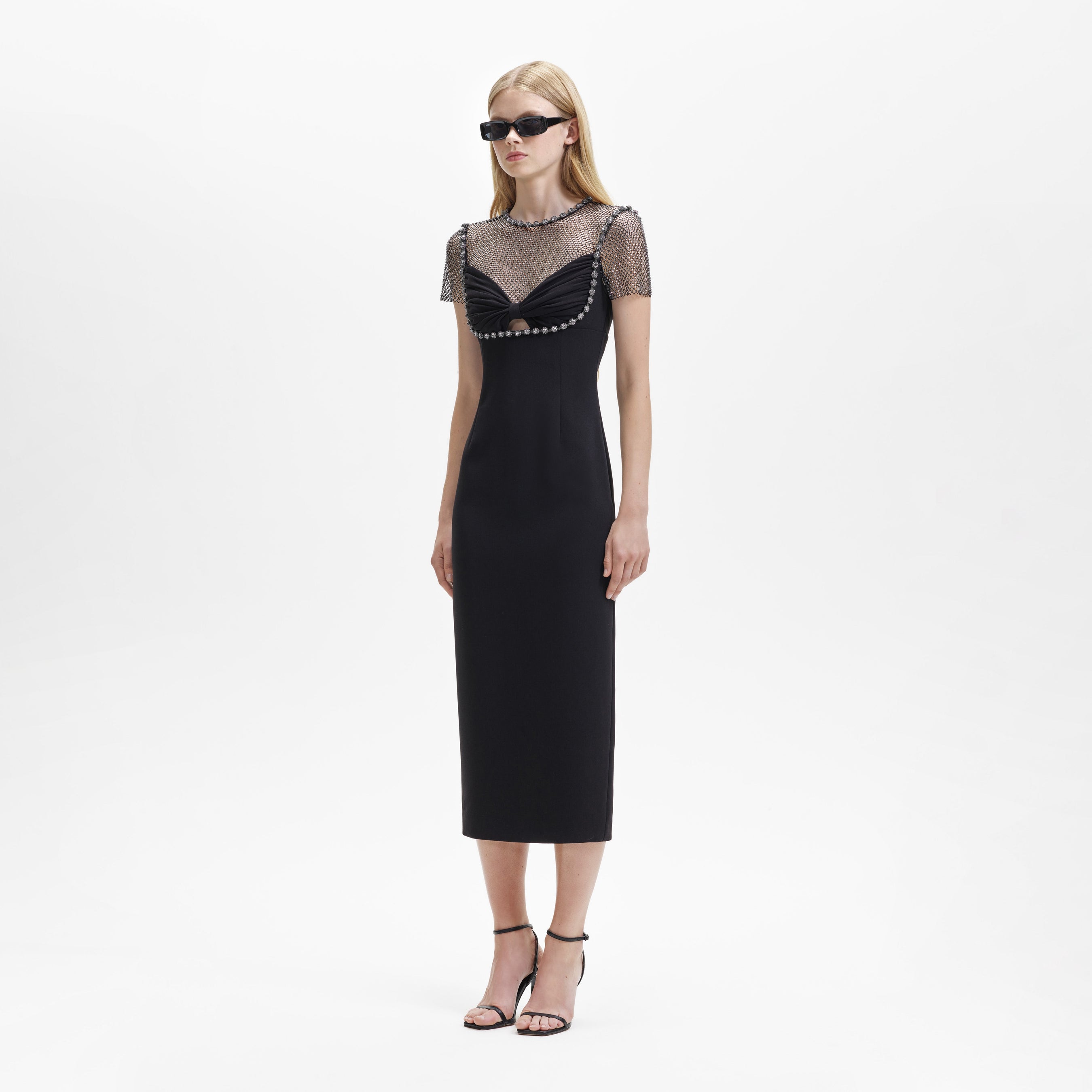 Black Crepe Diamante Midi Dress