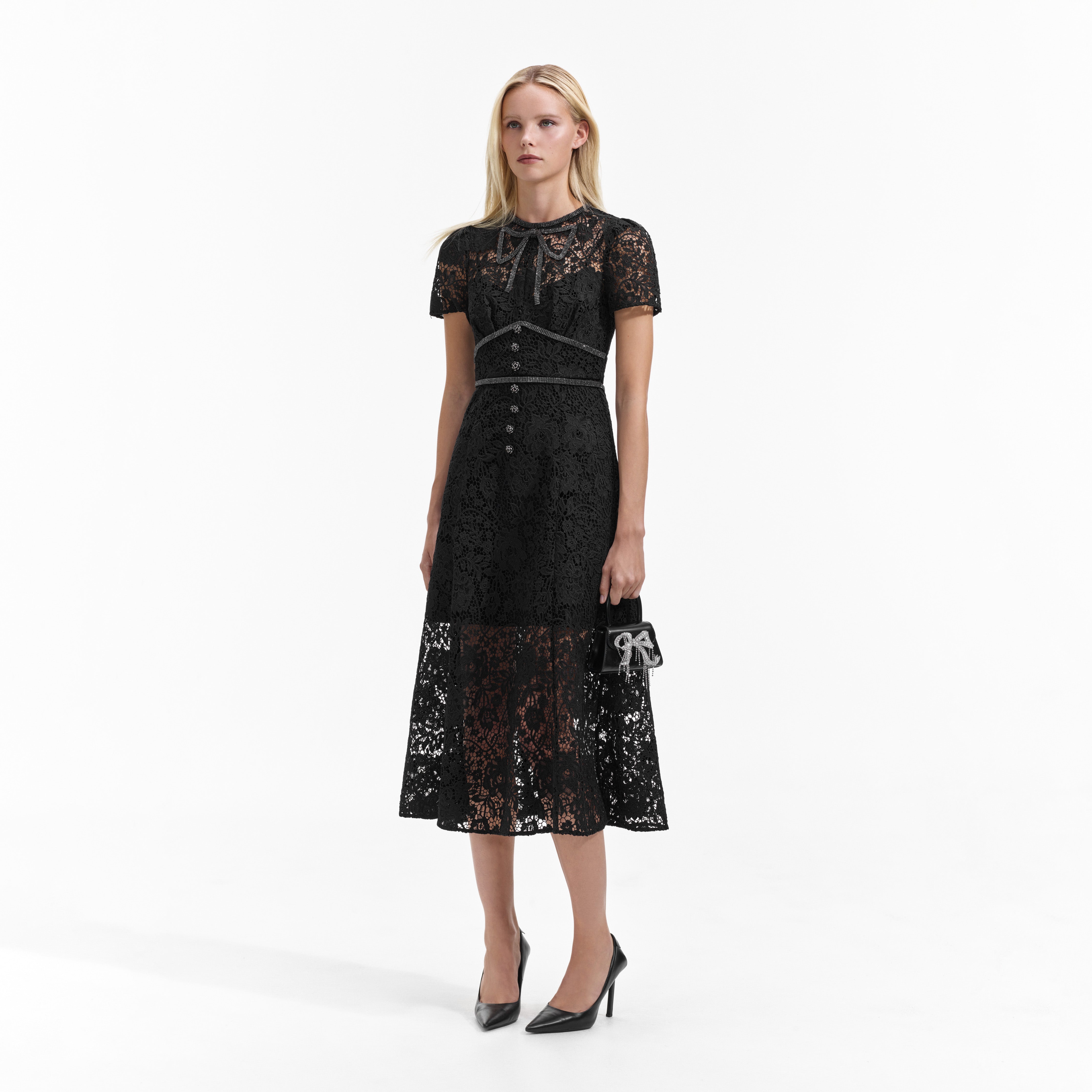 Black Cord Lace Bow Midi Dress – self-portrait-EU