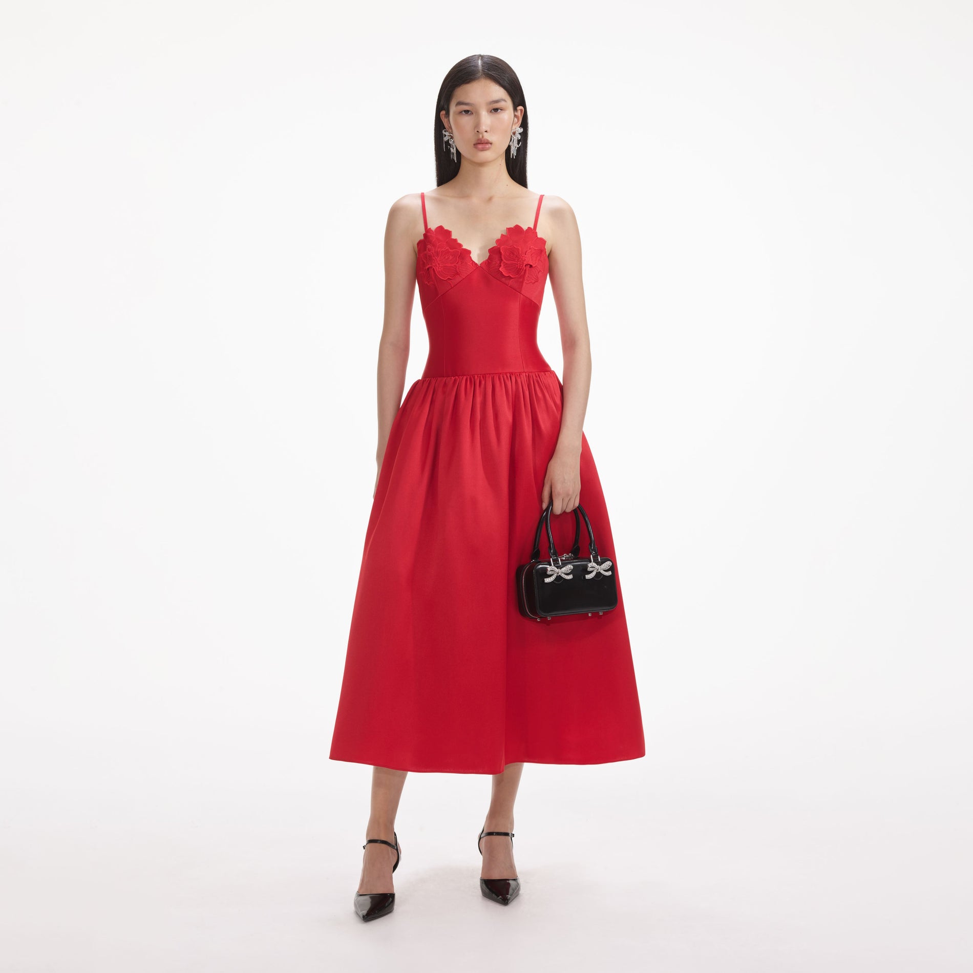 Front view of a woman wearing the Red Taffeta Midi Dress