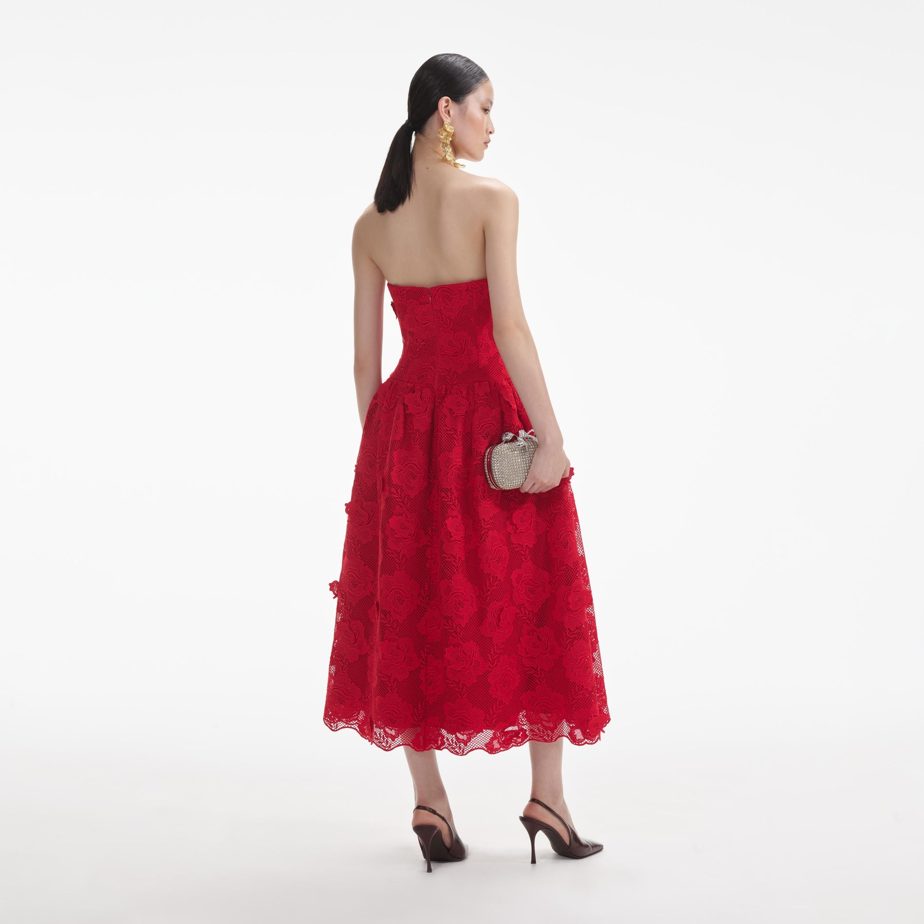 Back view of a woman wearing the White Red Bandeau Lace Midi Dress