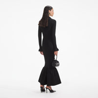 Black Ribbed Knit Fluted Midi Dress