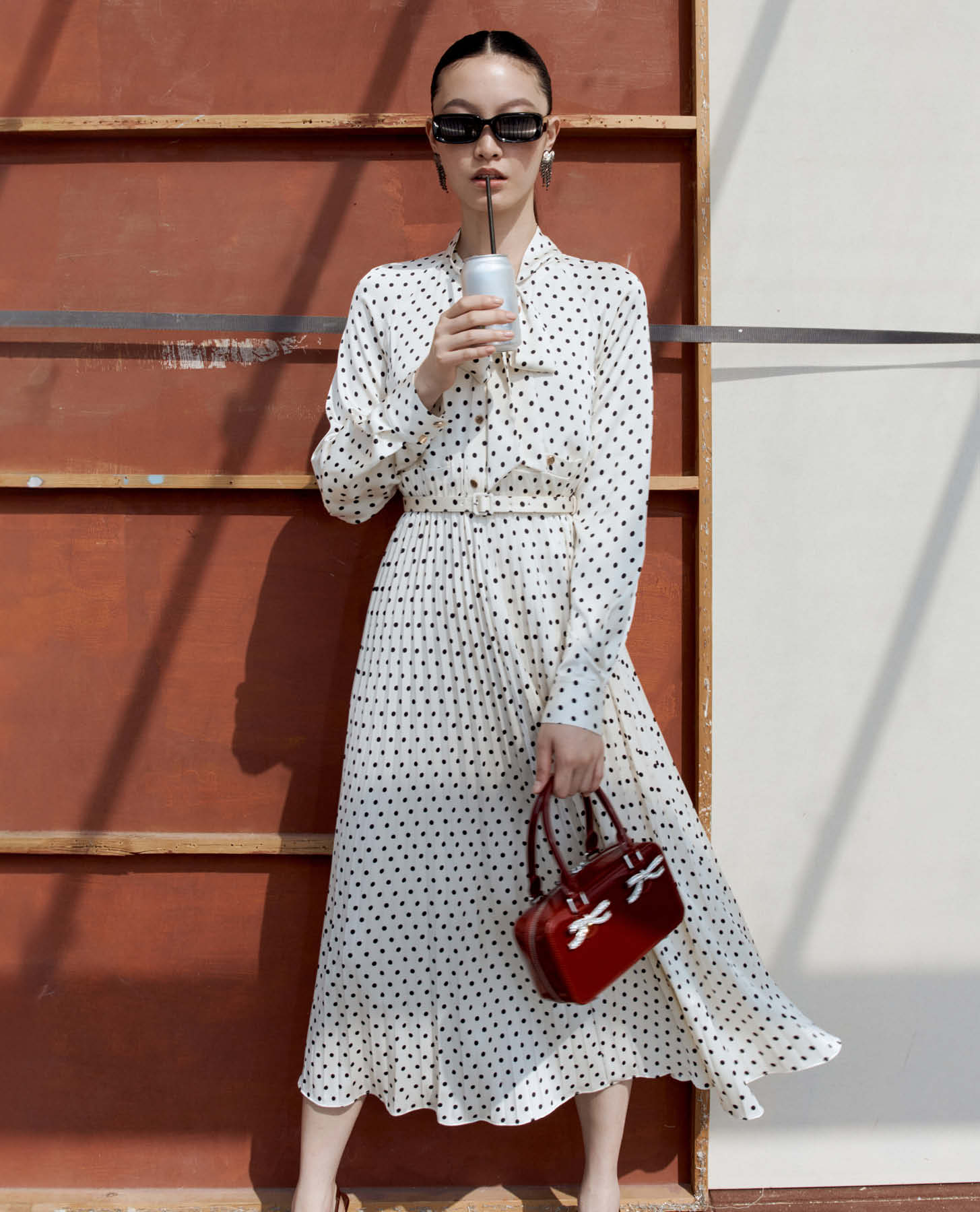 Cream Polka Dot Satin Midi Dress – self-portrait-EU