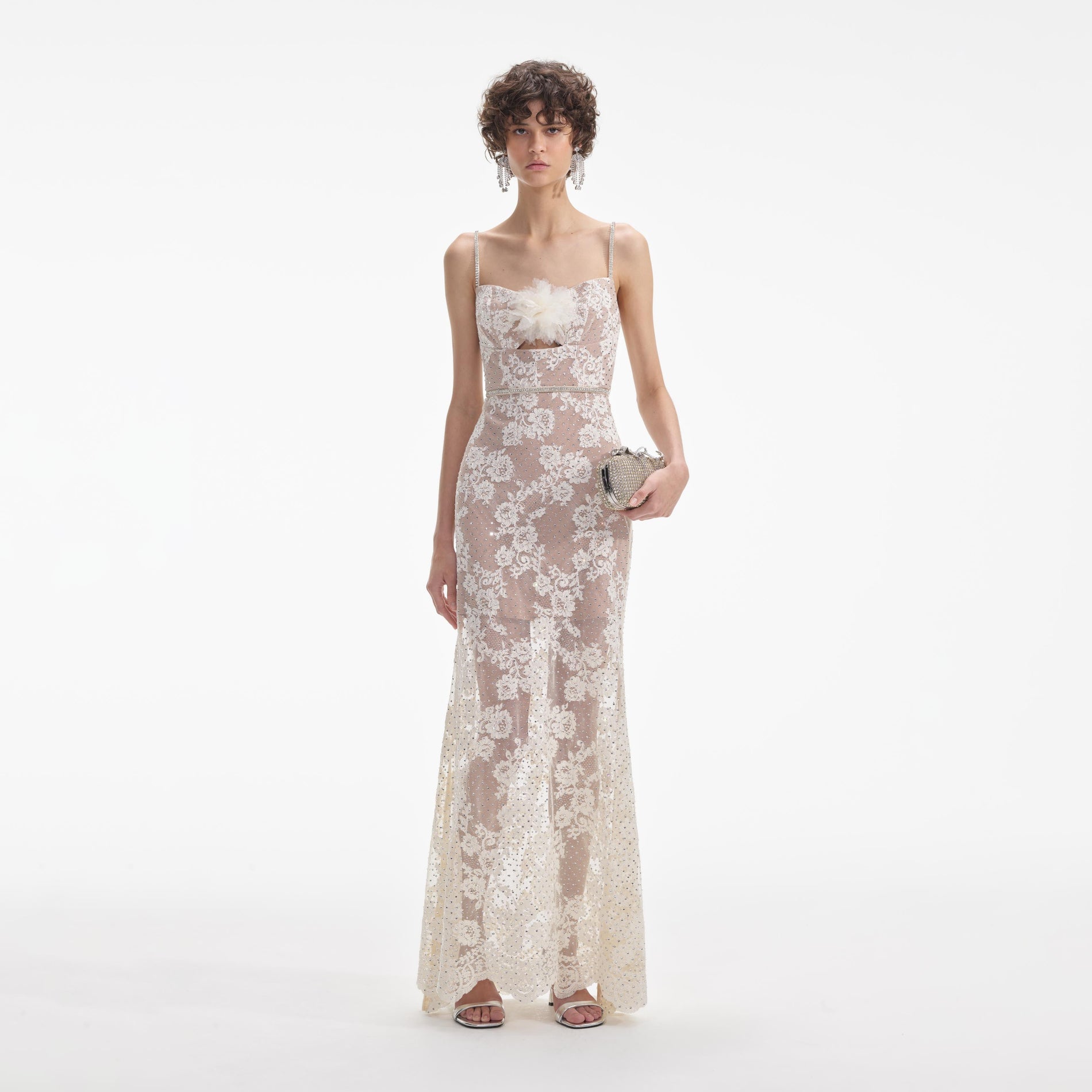 Front view of a woman wearing the Cream Rhinestone Lace Maxi Dress