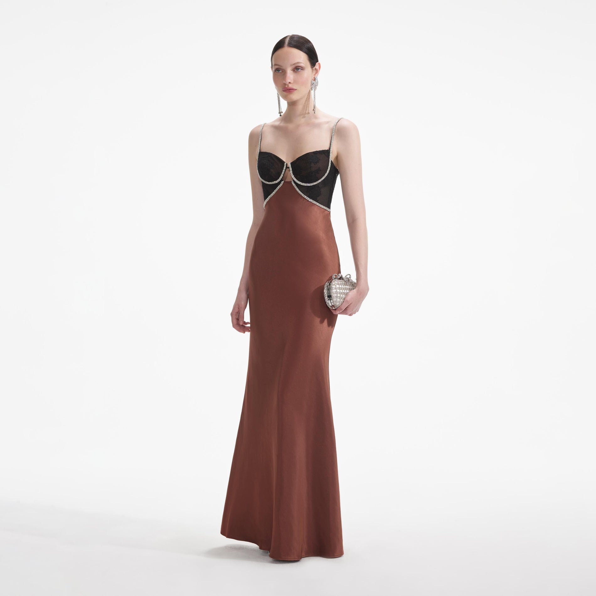 Side view of a woman wearing the Brown Satin Diamante Maxi Dress