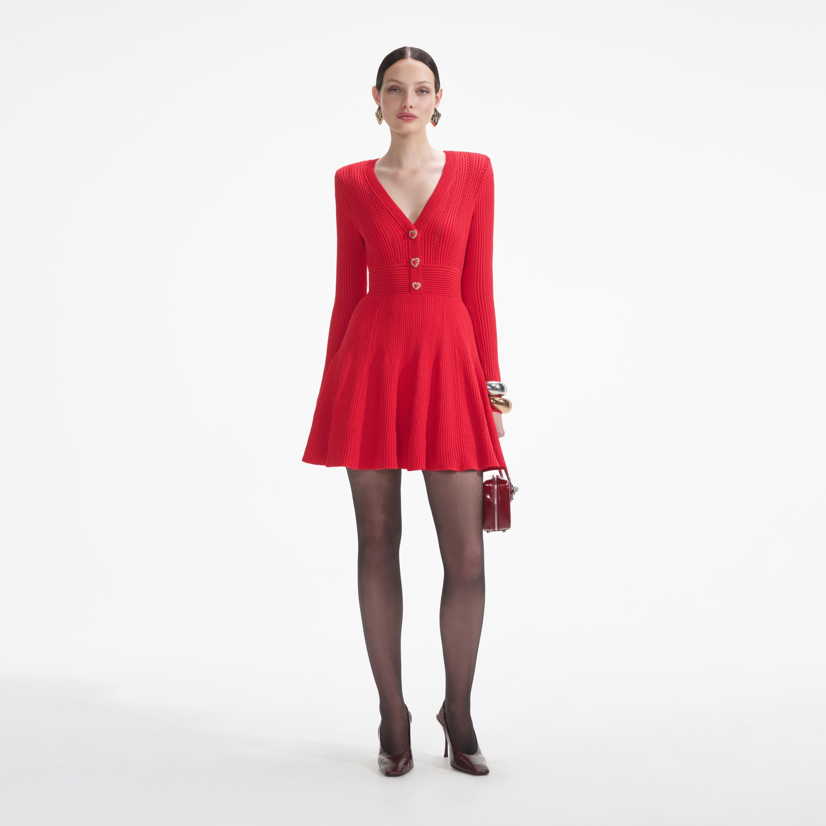 Red Pointelle Knit Mini Dress