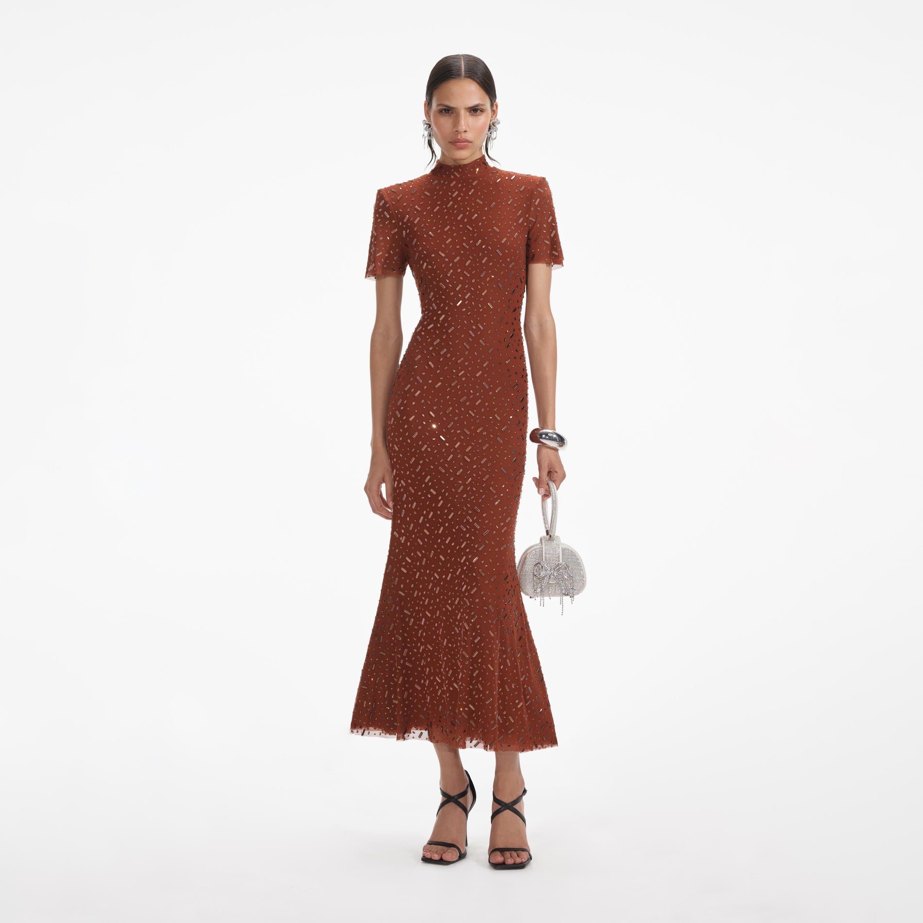 Front view of a woman wearing the Brown Square Rhinestone Mesh Midi Dress