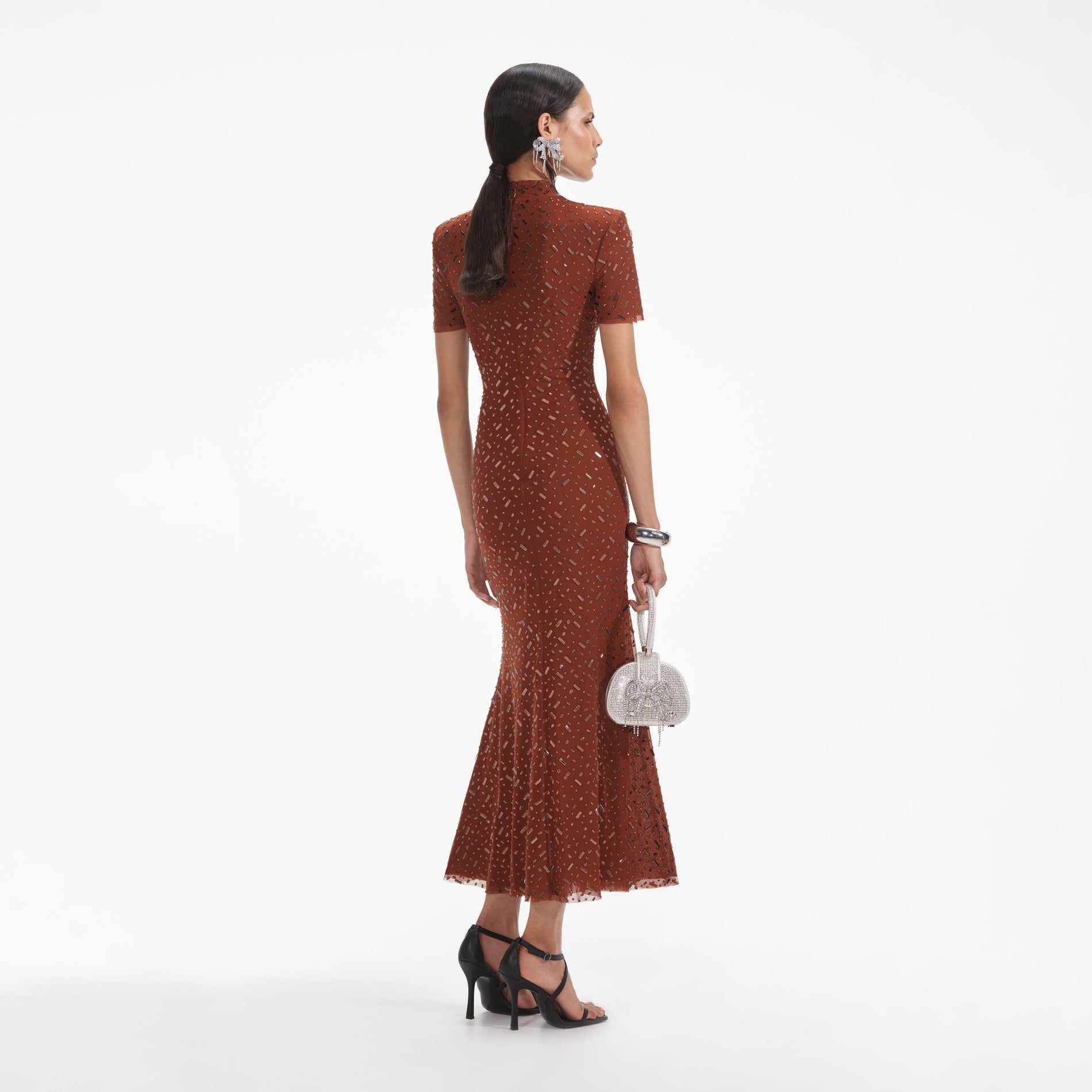 Back view of a woman wearing the White Brown Square Rhinestone Mesh Midi Dress