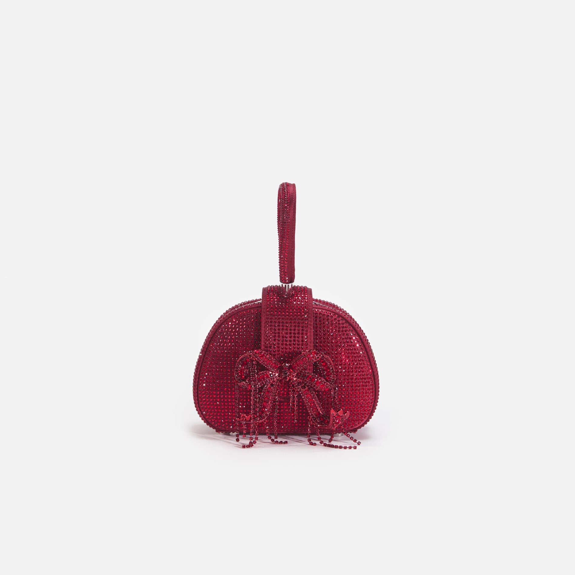 Front view of a woman wearing the Burgundy Rhinestone Top Handle Micro Bag