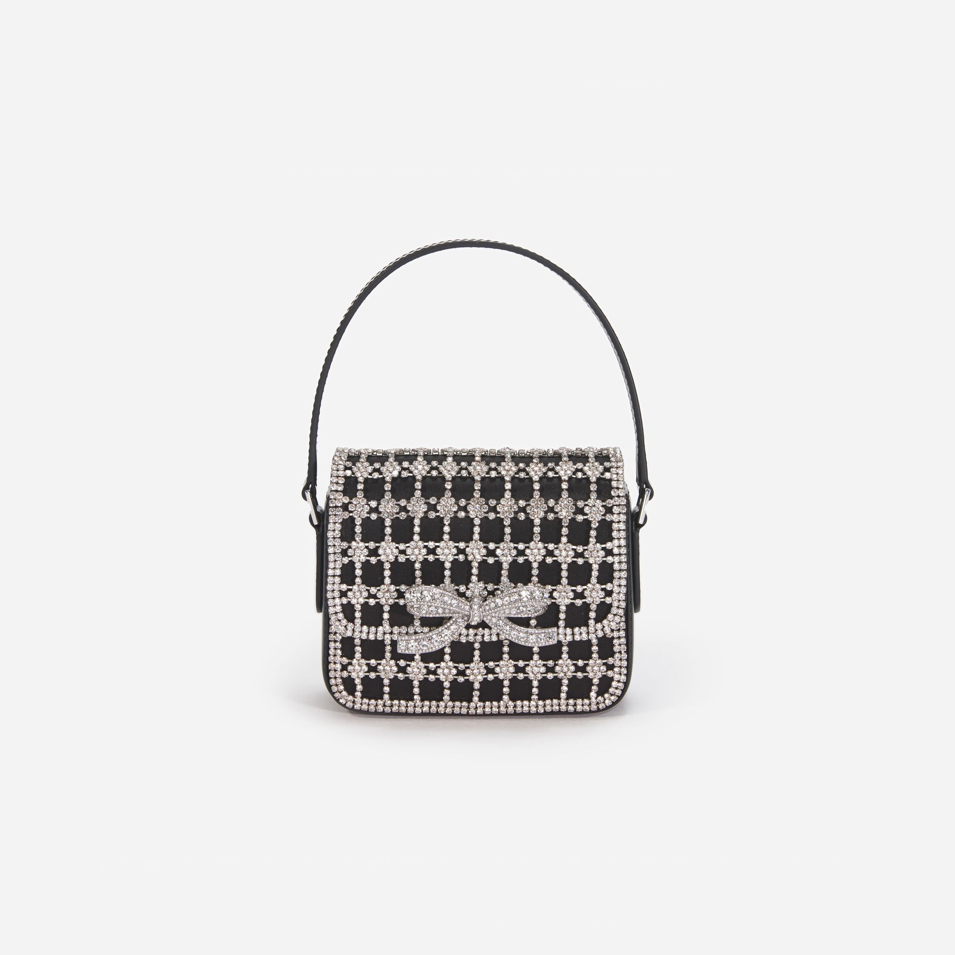Front view of a woman wearing the Black Crystal Micro Bag