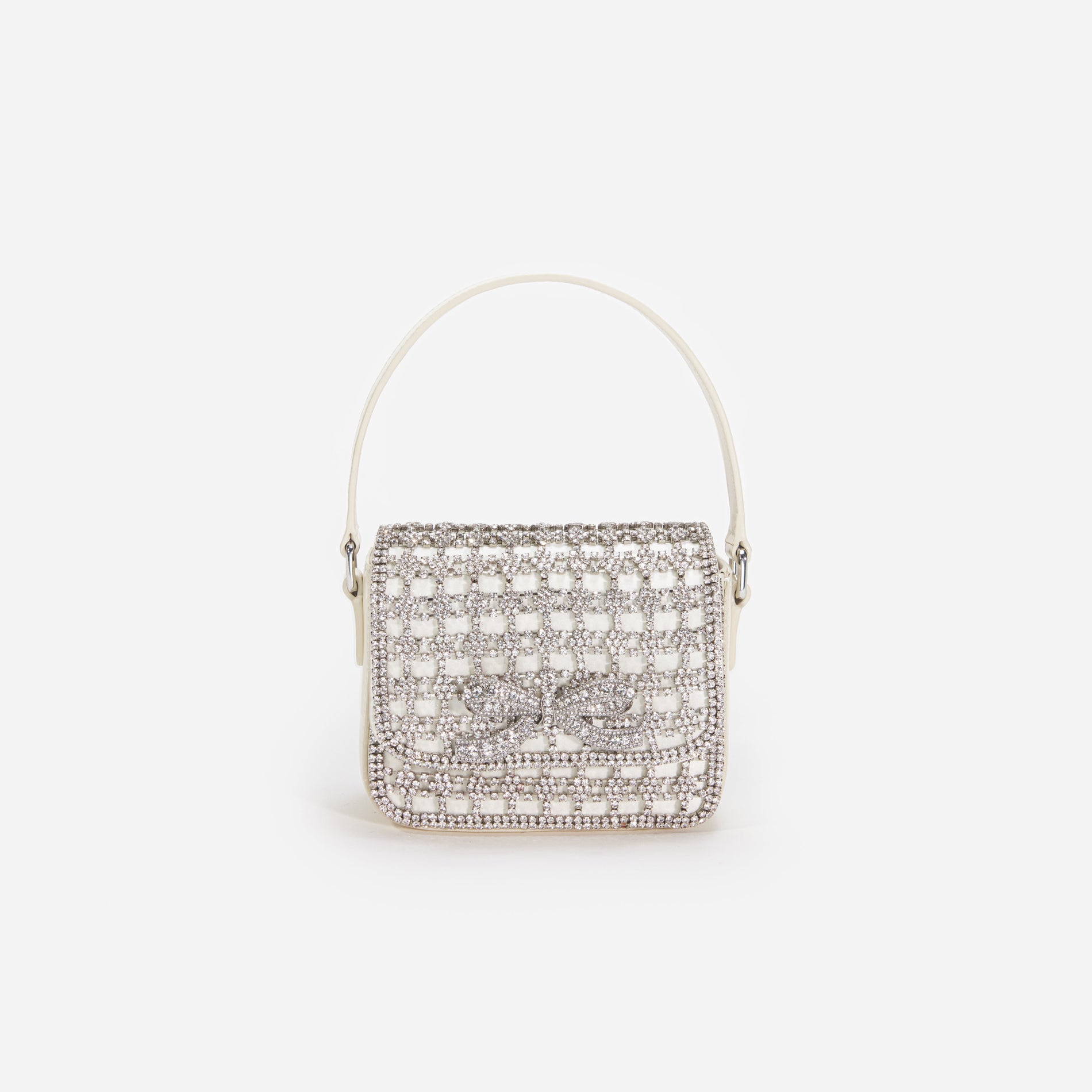 Front view of a woman wearing the Champagne Crystal Micro Bag