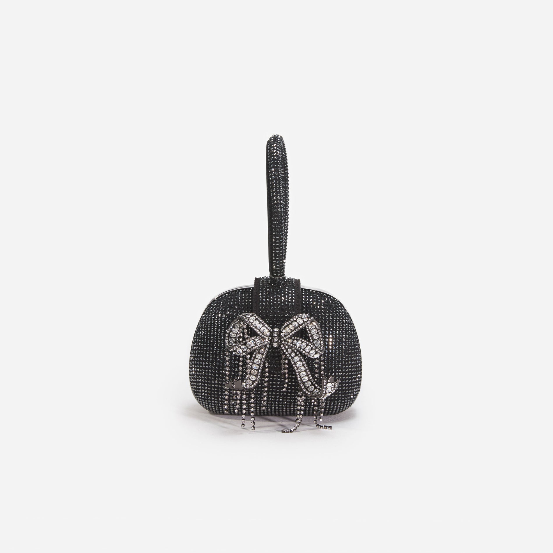 Front view of a woman wearing the Black Rhinestone Top Handle Clutch Bag