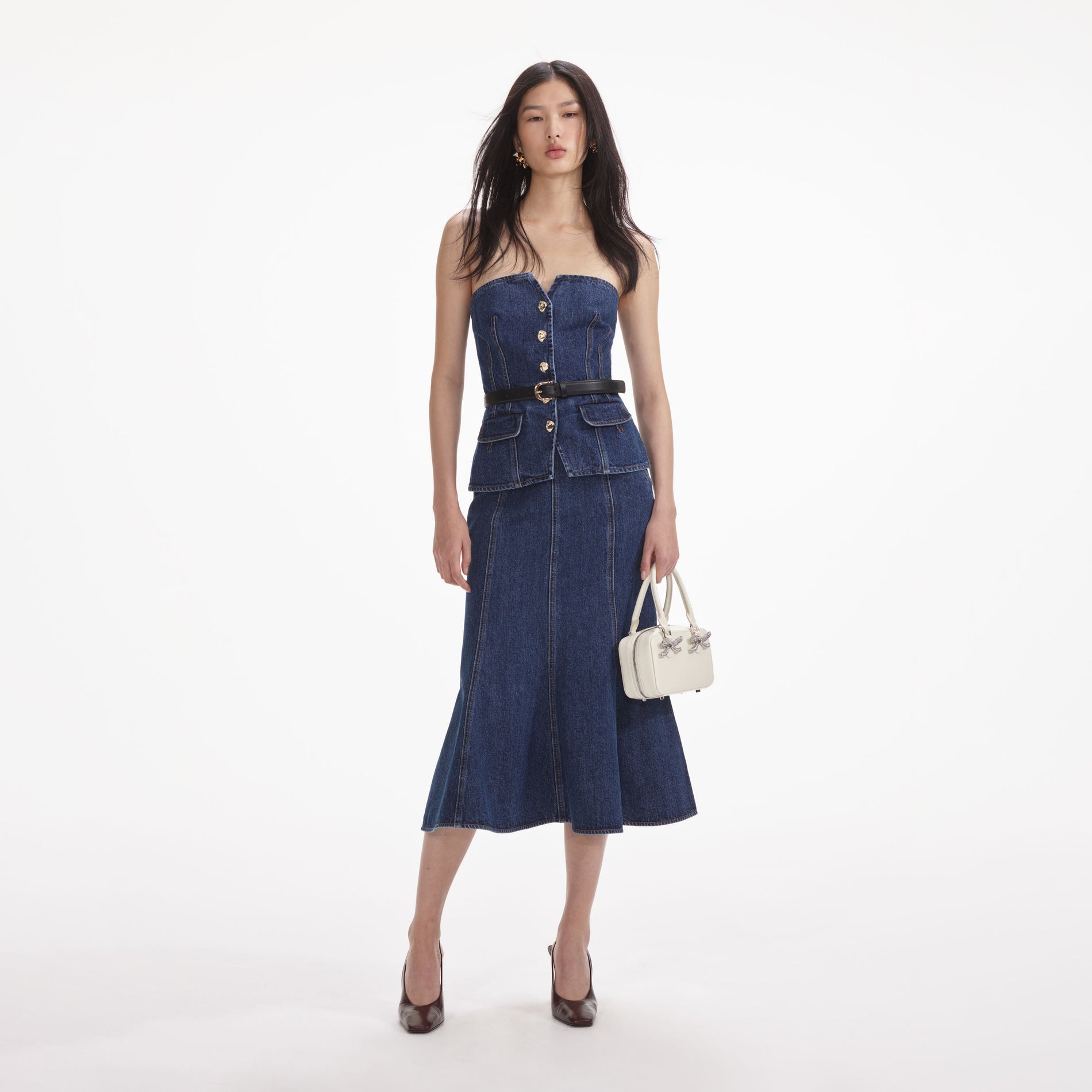 Front view of a woman wearing the Denim Bandeau Midi Dress