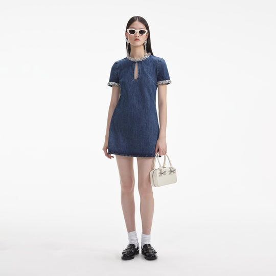 Embellished Denim Mini Dress – self-portrait-EU