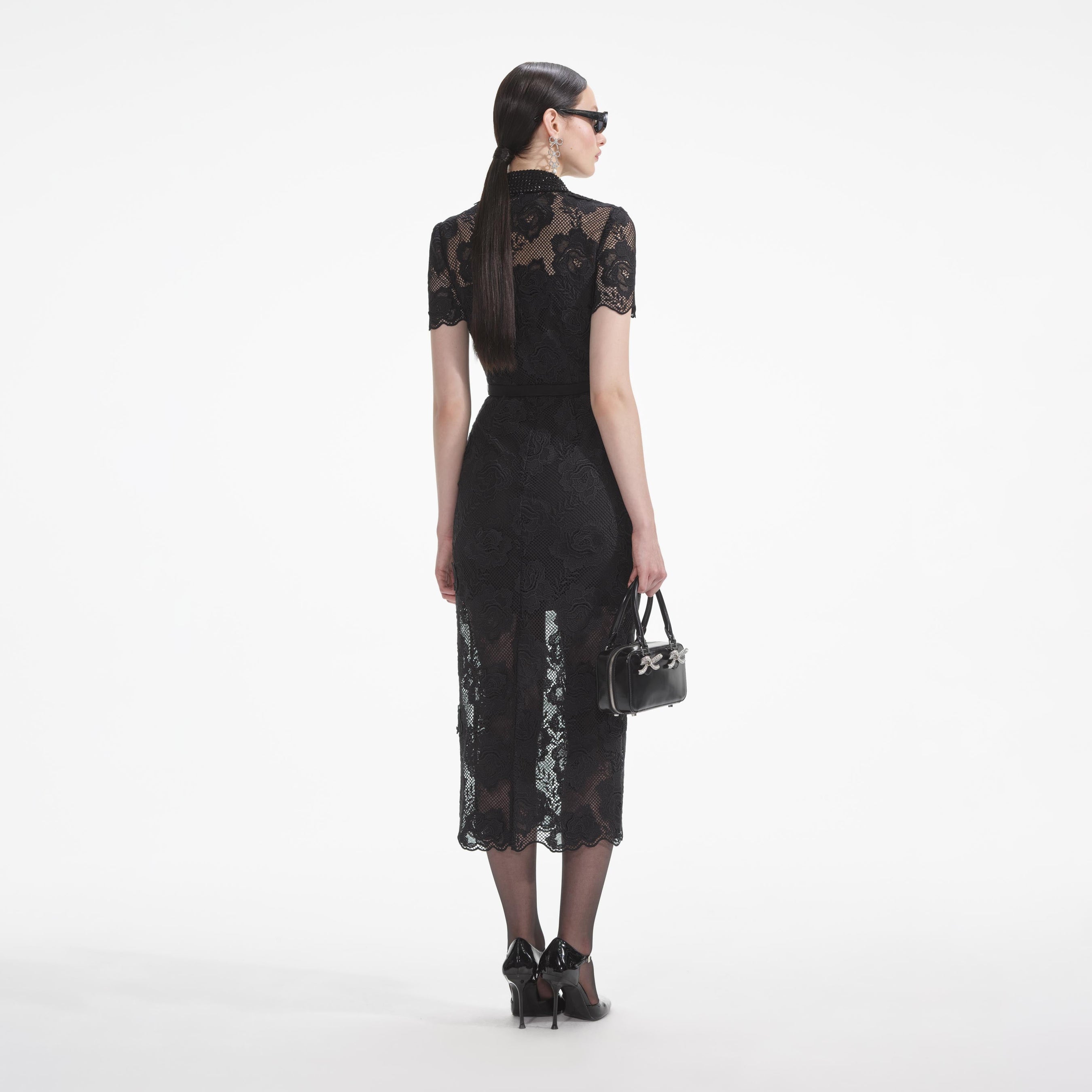 Black Lace Diamante Midi Dress